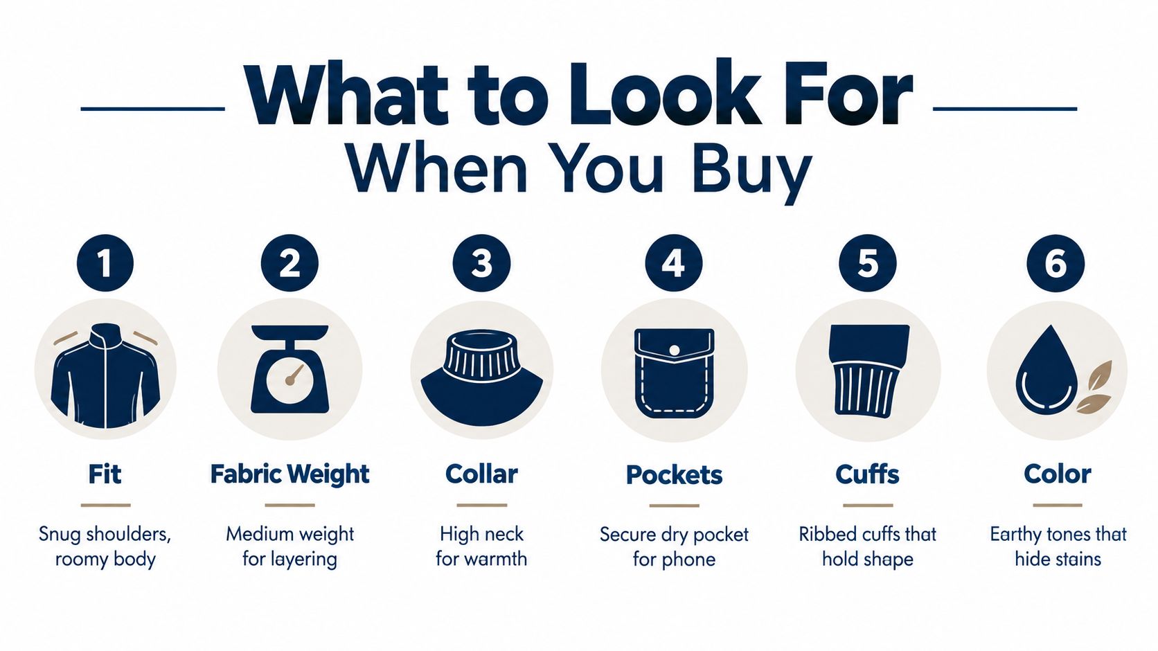 An infographic titled What to Look For When You Buy, illustrating six key features to consider when shopping.