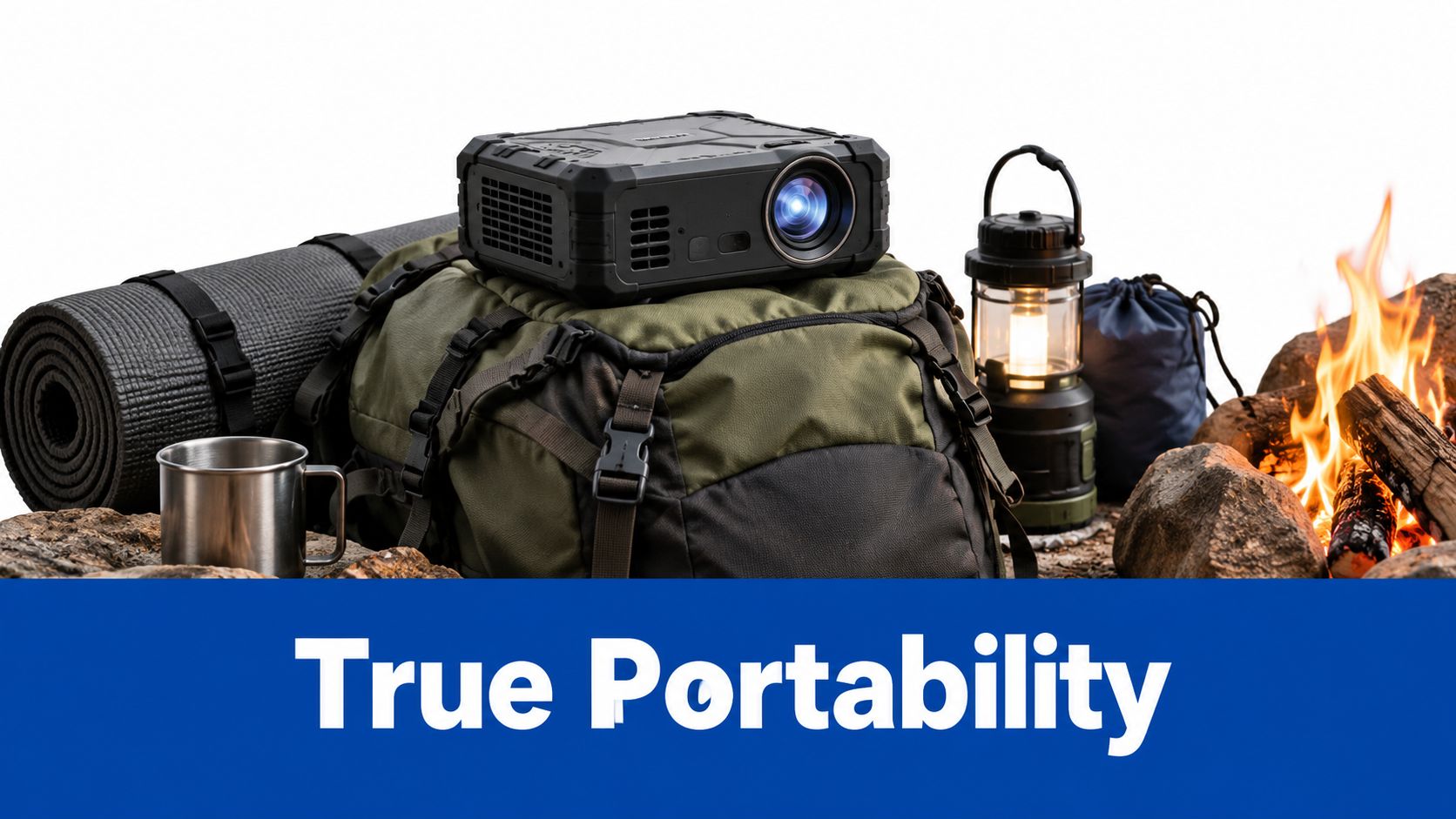 A black outdoor portable projector sits on top of a camping backpack next to a campfire.