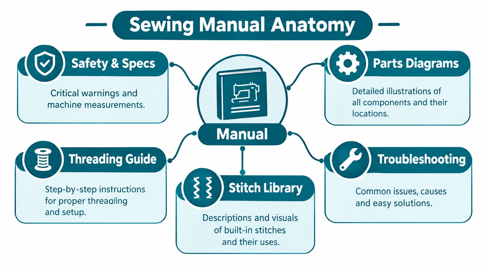 A diagram illustrating the anatomy of a sewing machine manual including safety, parts, threading, and troubleshooting sections.