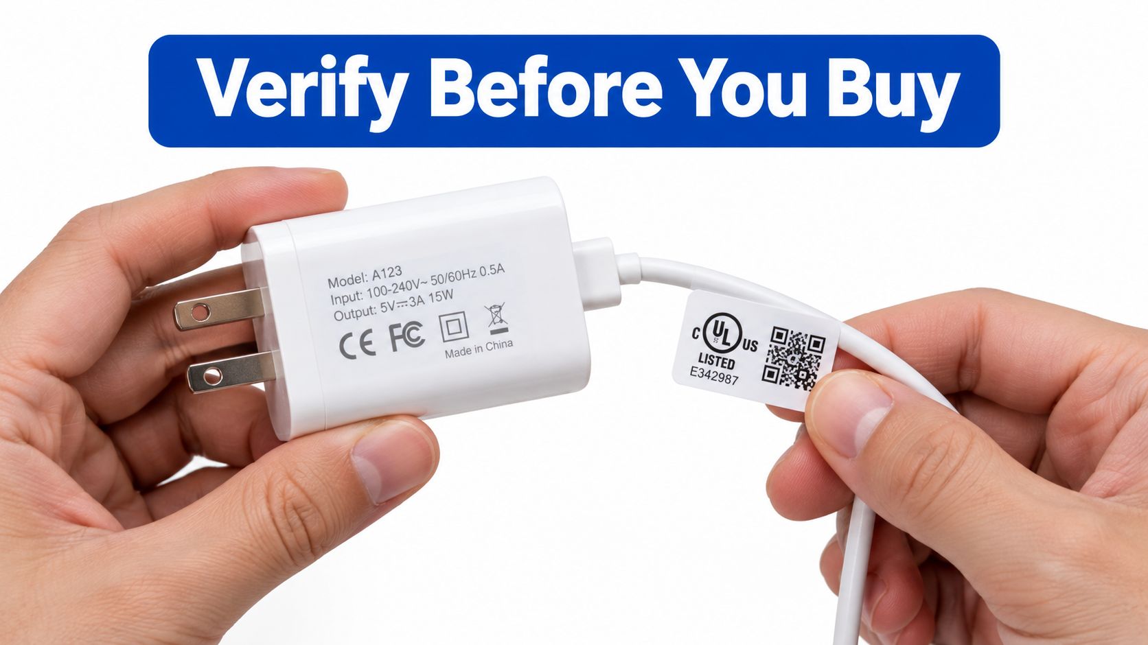 A person holds a white wall charger and a cable tag with a UL certification QR code.