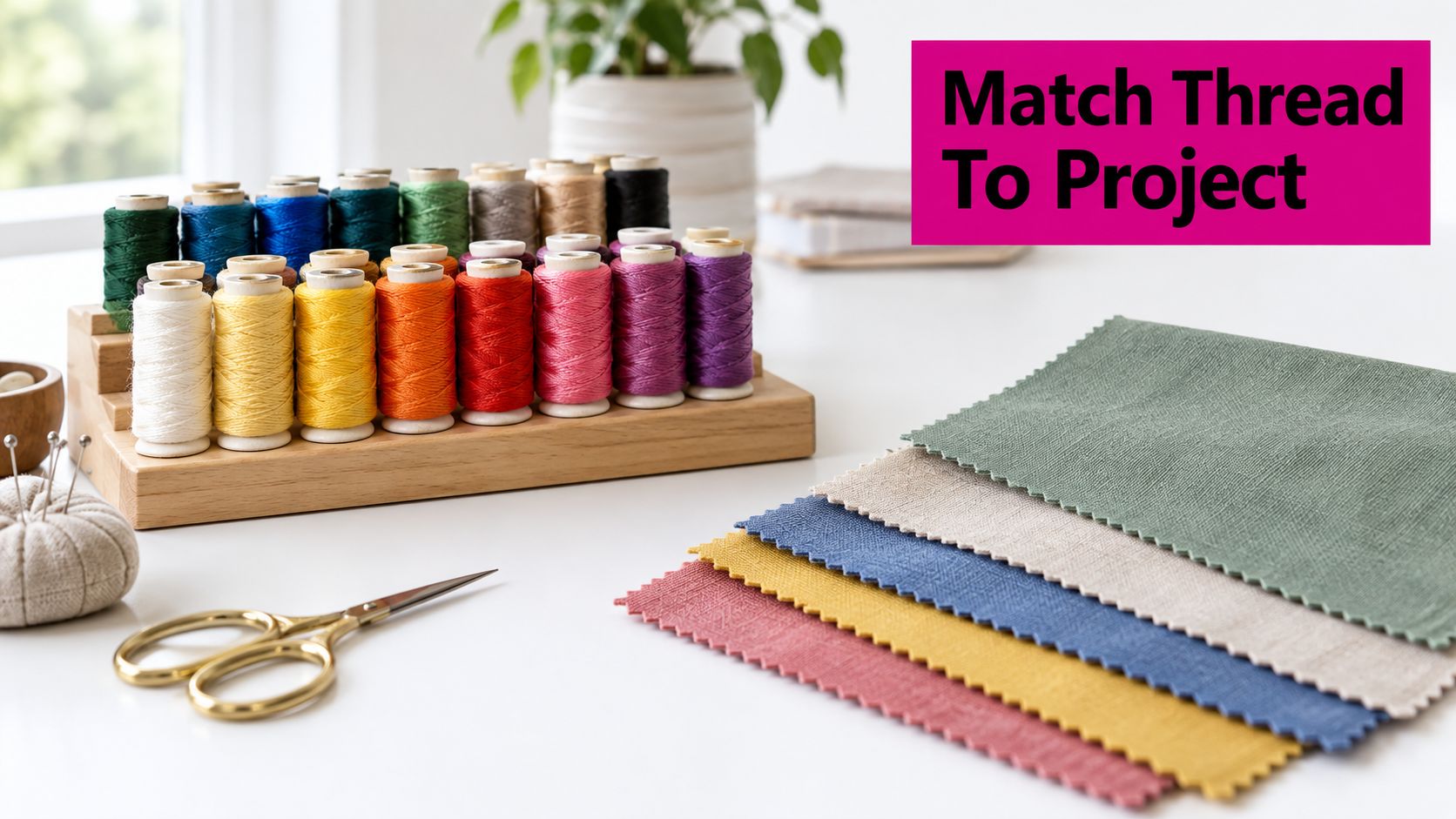 A wooden organizer filled with colorful sewing threads next to fabric swatches and gold scissors.