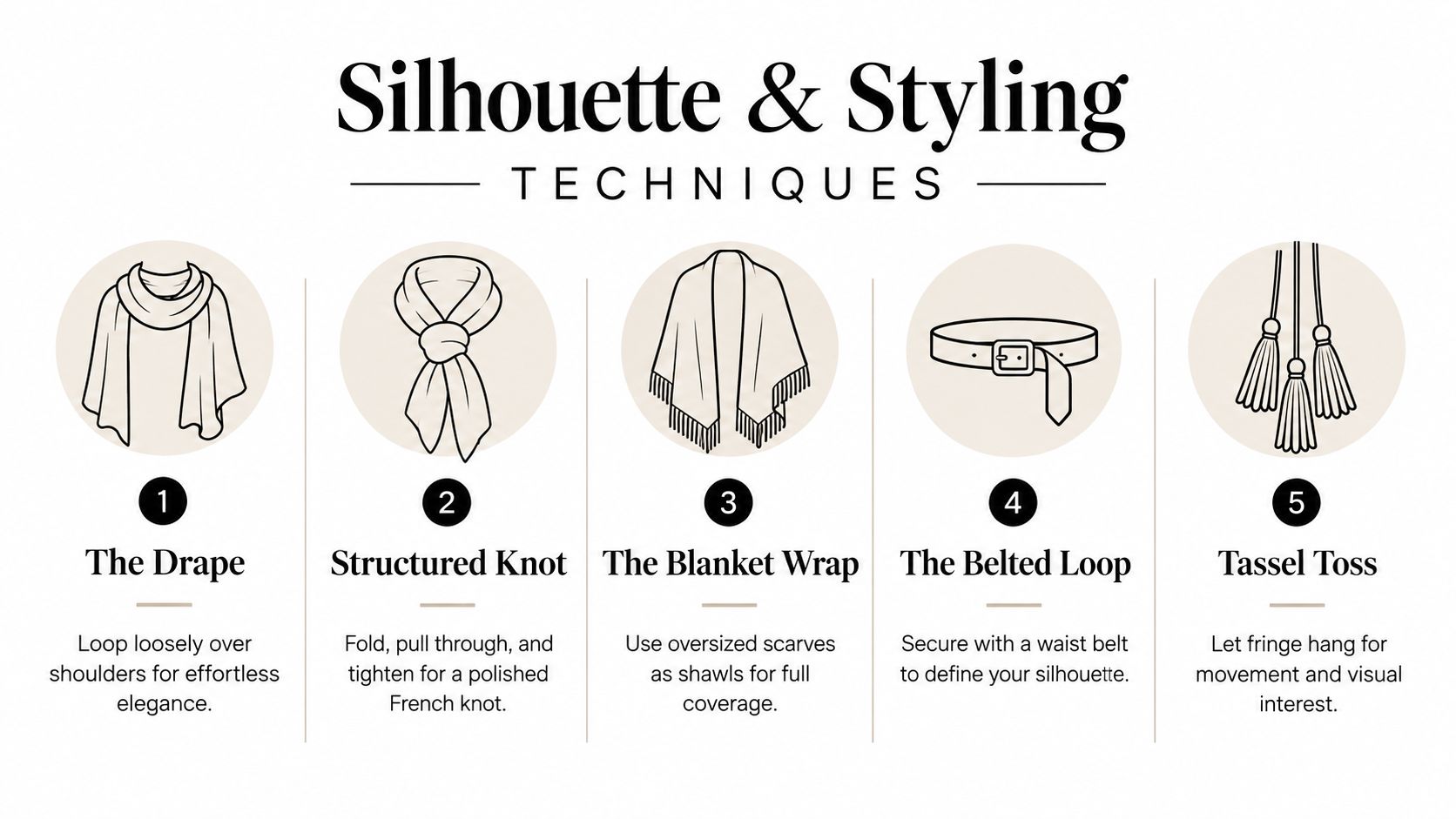 An infographic showing five distinct scarf styling techniques titled Silhouette and Styling Techniques for women's fashion.