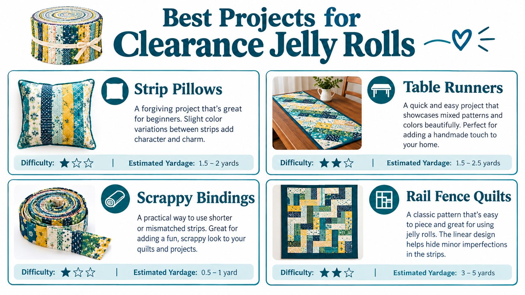 An infographic showing four sewing project ideas including strip pillows, table runners, scrappy bindings, and rail fence quilts.