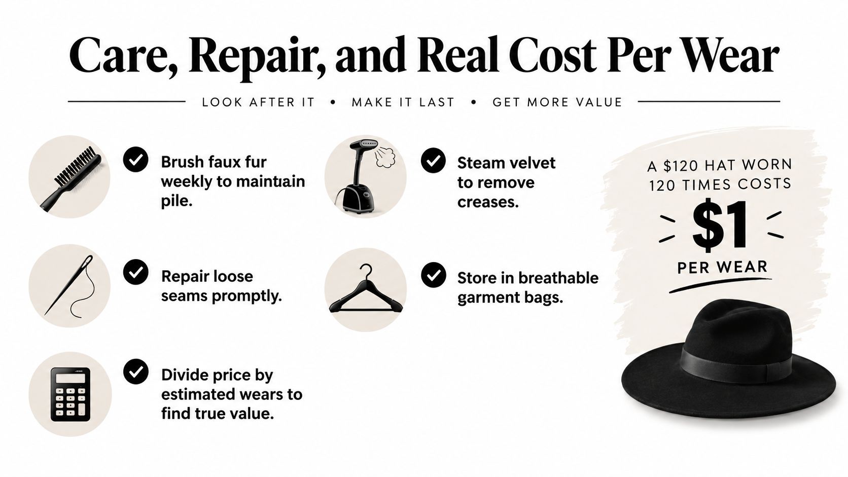 An infographic detailing garment care tips and how to calculate the cost per wear for clothing items.
