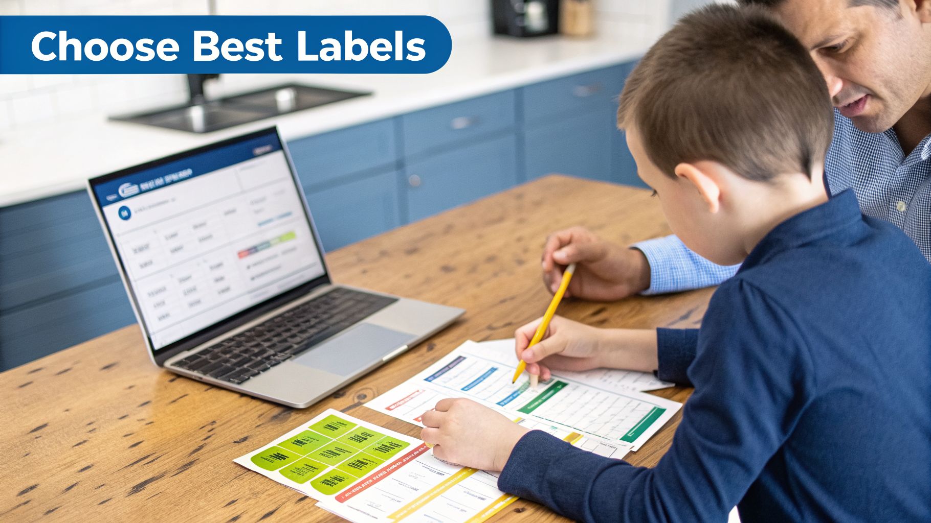 Father and son choose best labels, working together with a laptop and worksheets at a wooden table.
