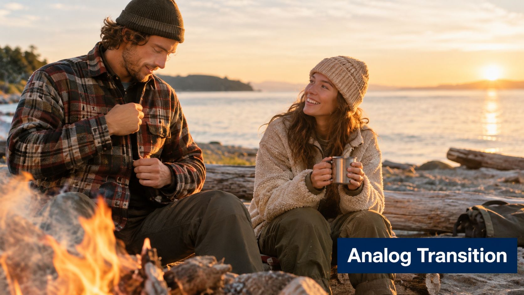 A couple sits by a beach campfire at sunset, with the man zipping up his plaid flannel jacket.