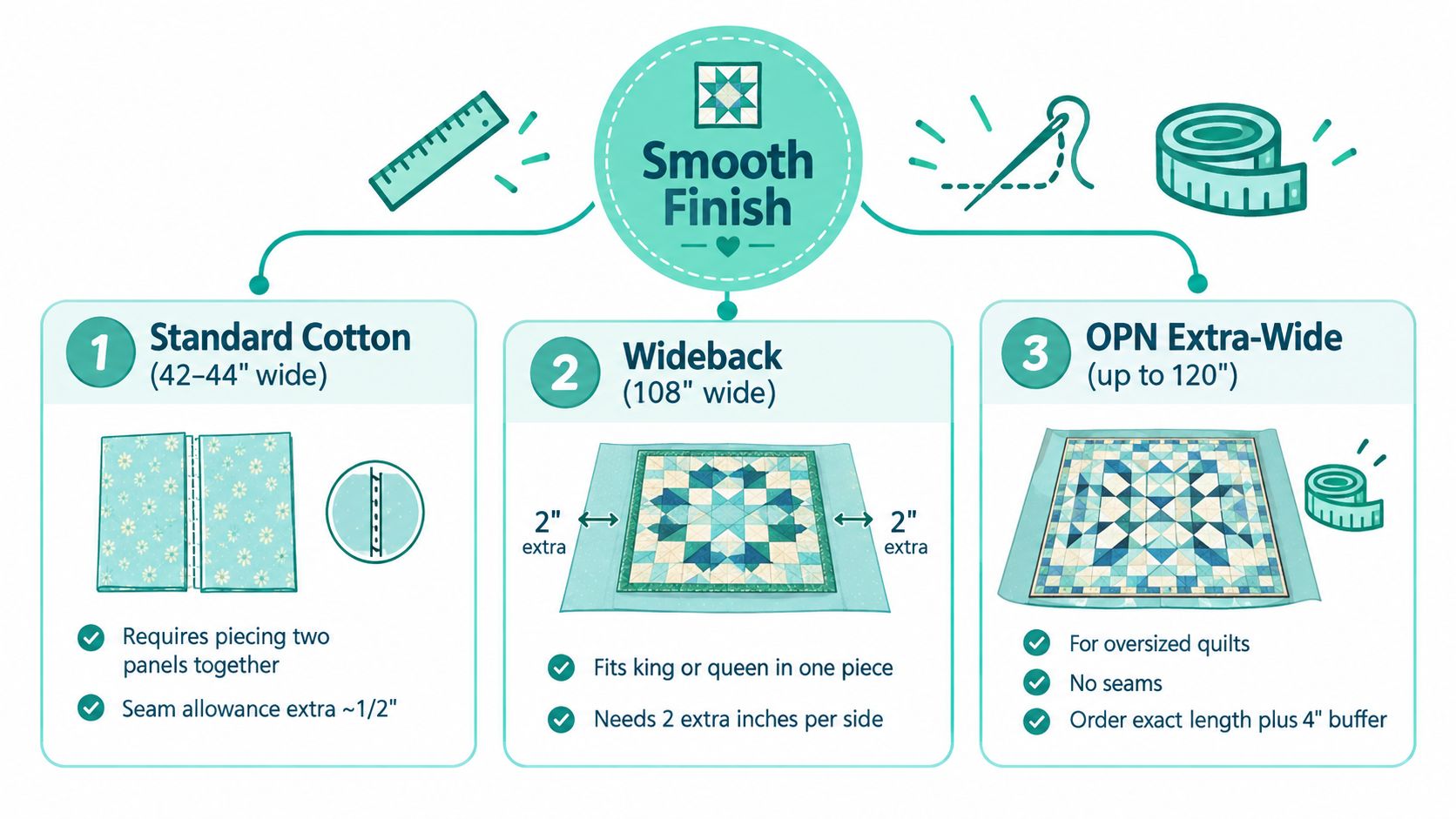 An infographic comparing three types of quilt backing fabric: standard cotton, wideback, and OPN extra-wide options.