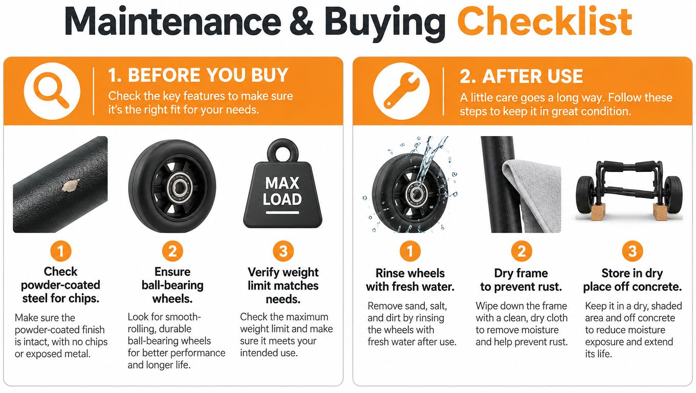 A checklist infographic providing maintenance and buying tips for outdoor equipment featuring wheels and frames.