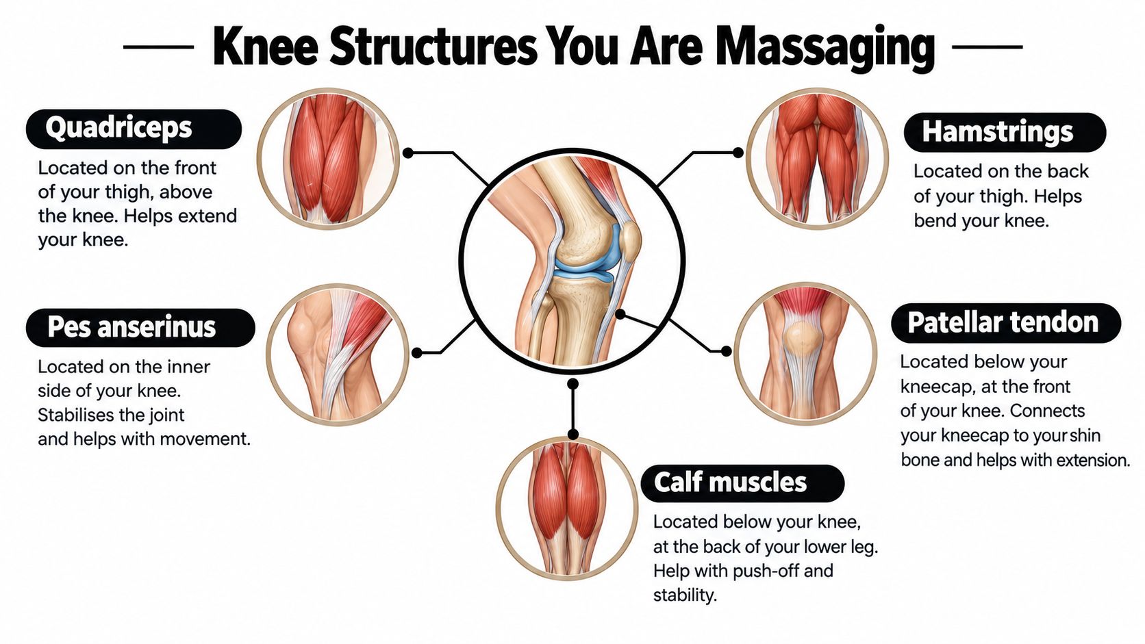 A labeled medical diagram illustrating key muscle groups and tendons around the human knee joint for massage.
