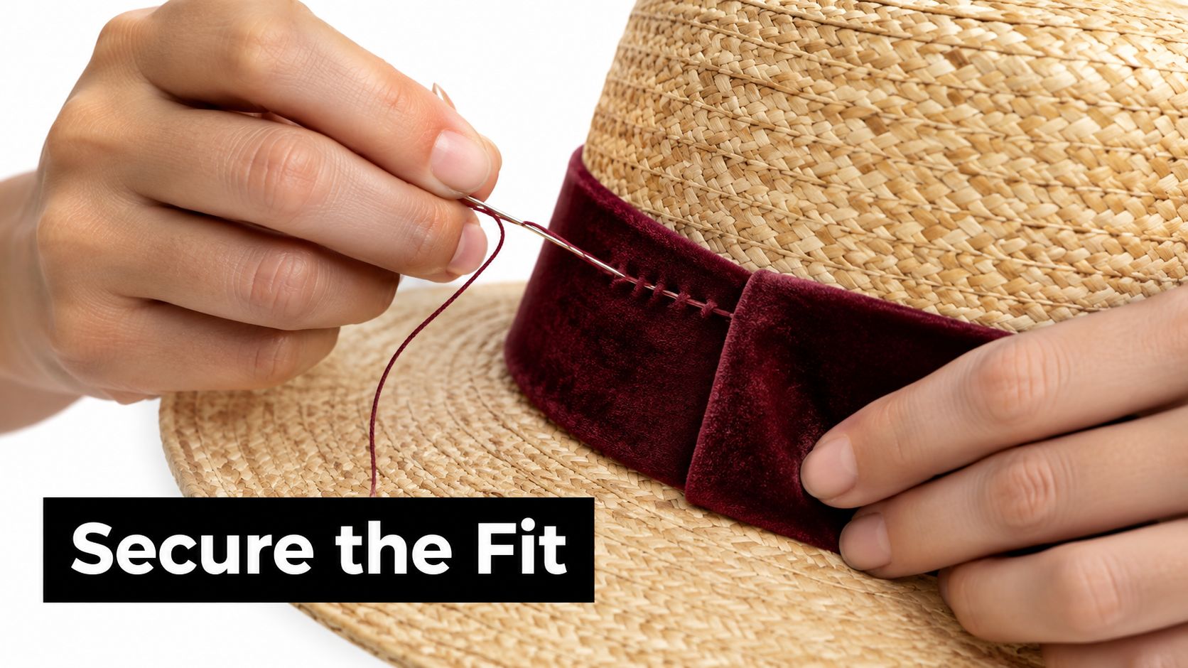 Close-up of hands hand-stitching a dark velvet ribbon onto a straw hat for a custom fit.