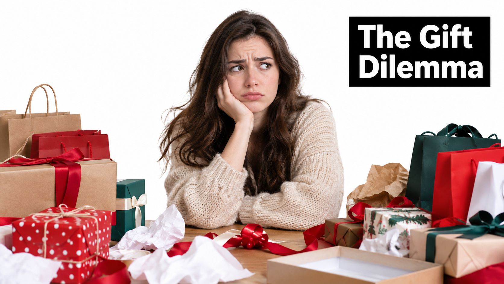 A woman looks stressed and overwhelmed while surrounded by numerous gift bags and wrapped presents.