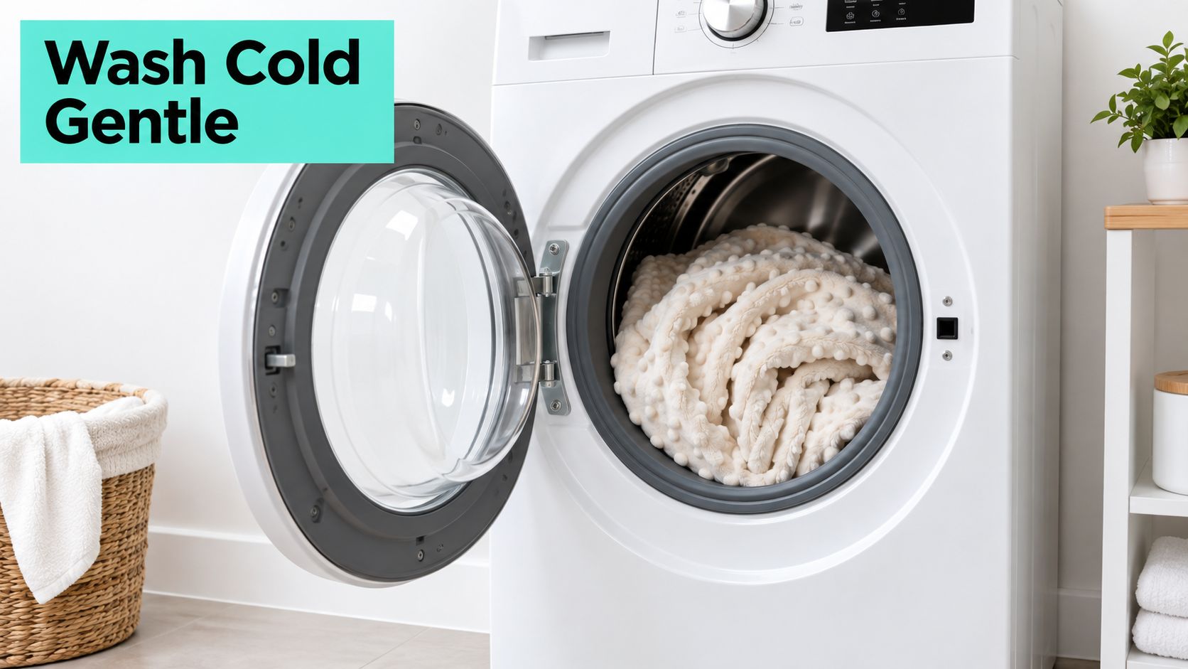 A Minky Couture blanket inside a washing machine, illustrating the recommended gentle, cold wash cycle care instructions.