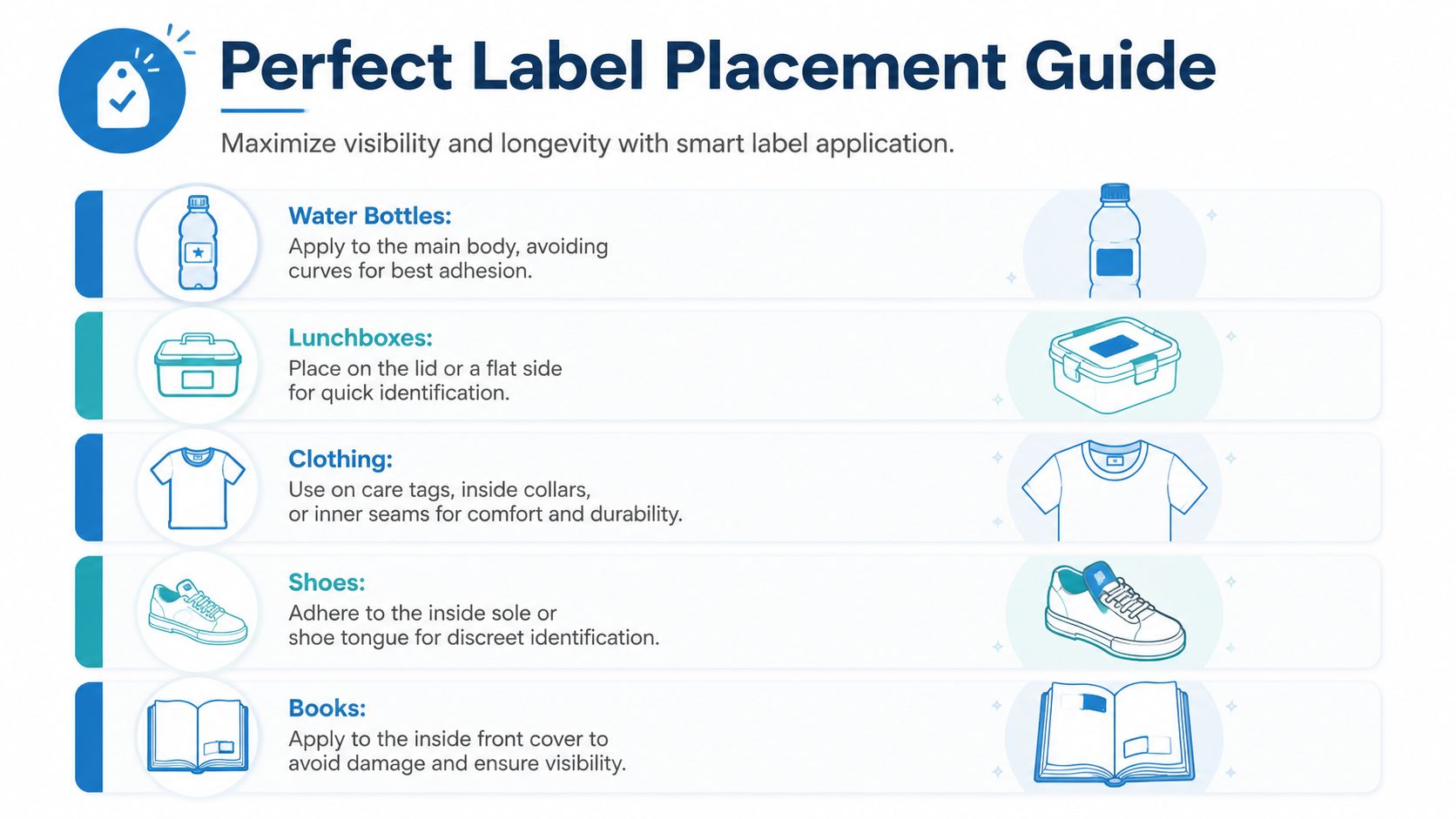 A guide showing how to place personalized gift labels on items like water bottles, lunchboxes, and clothing.