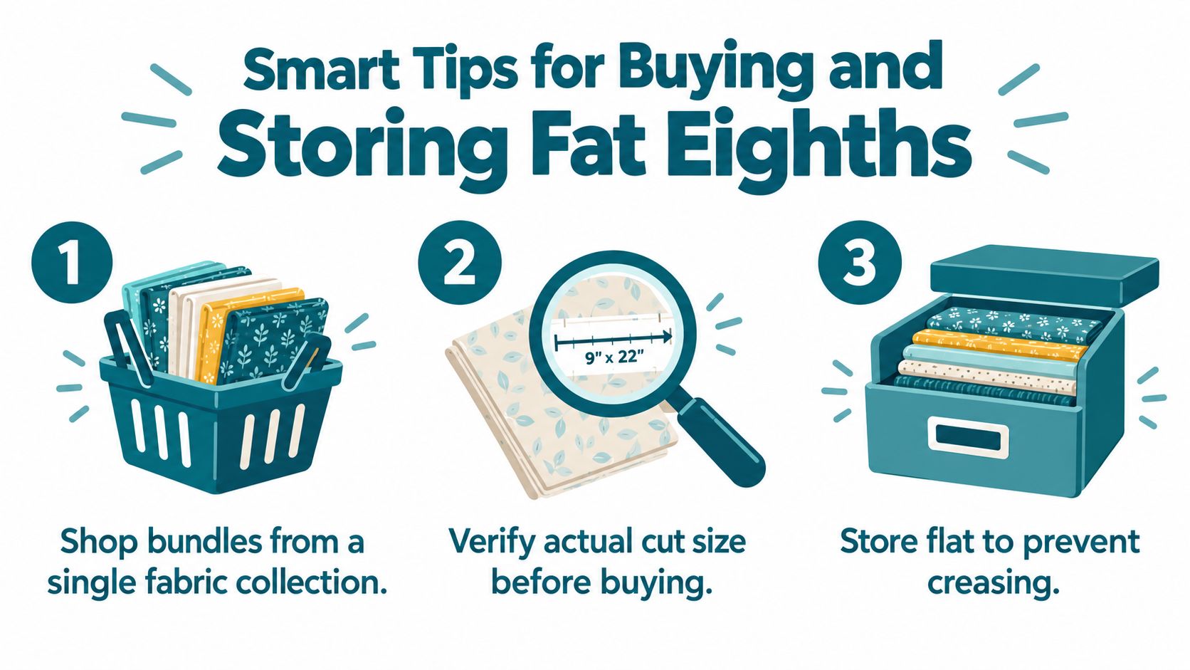 An infographic titled Smart Tips for Buying and Storing Fat Eighths showing three steps for fabric quilters.