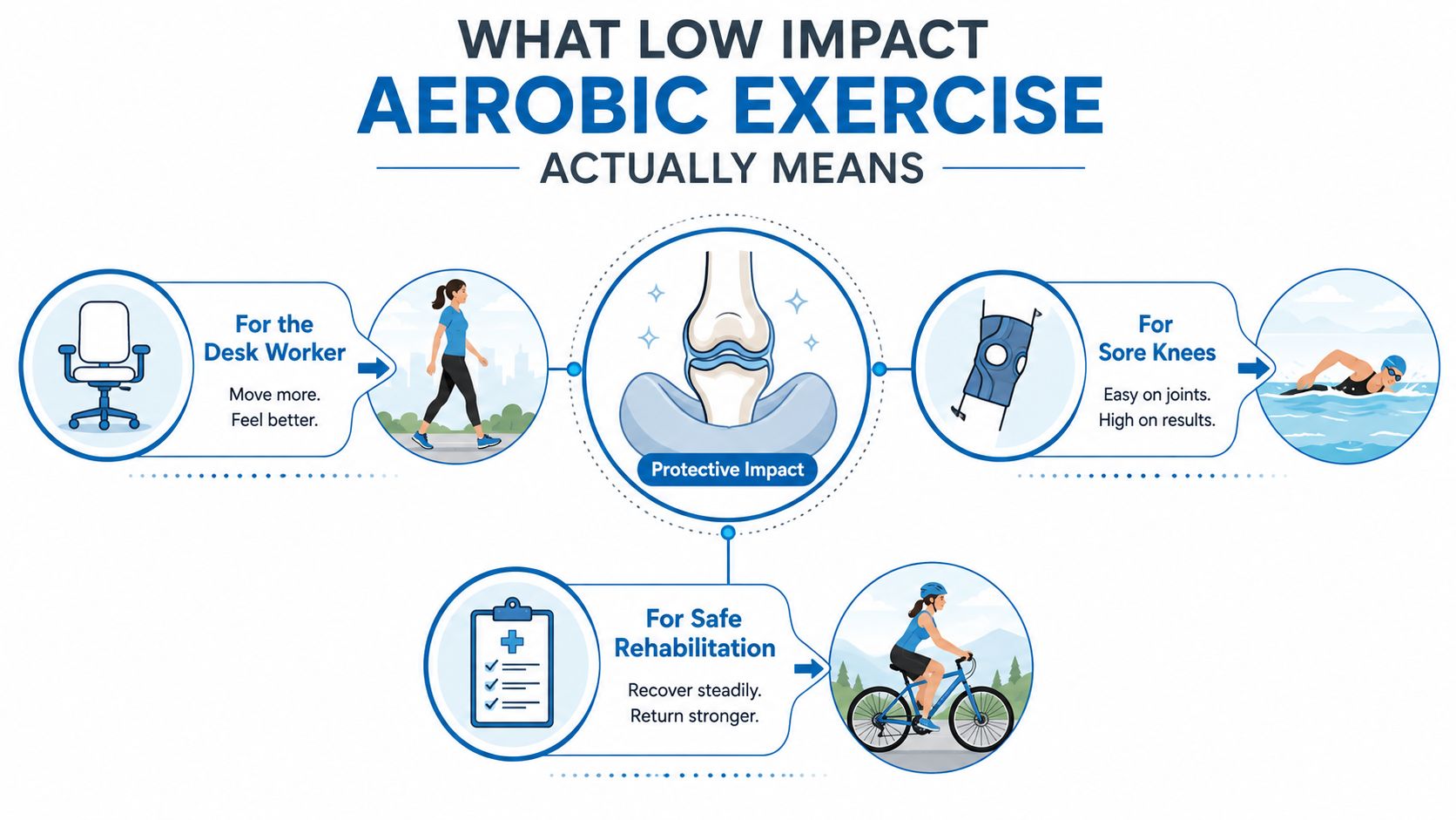 An infographic showing the benefits of low impact aerobic exercise for desk workers, sore knees, and injury rehabilitation.
