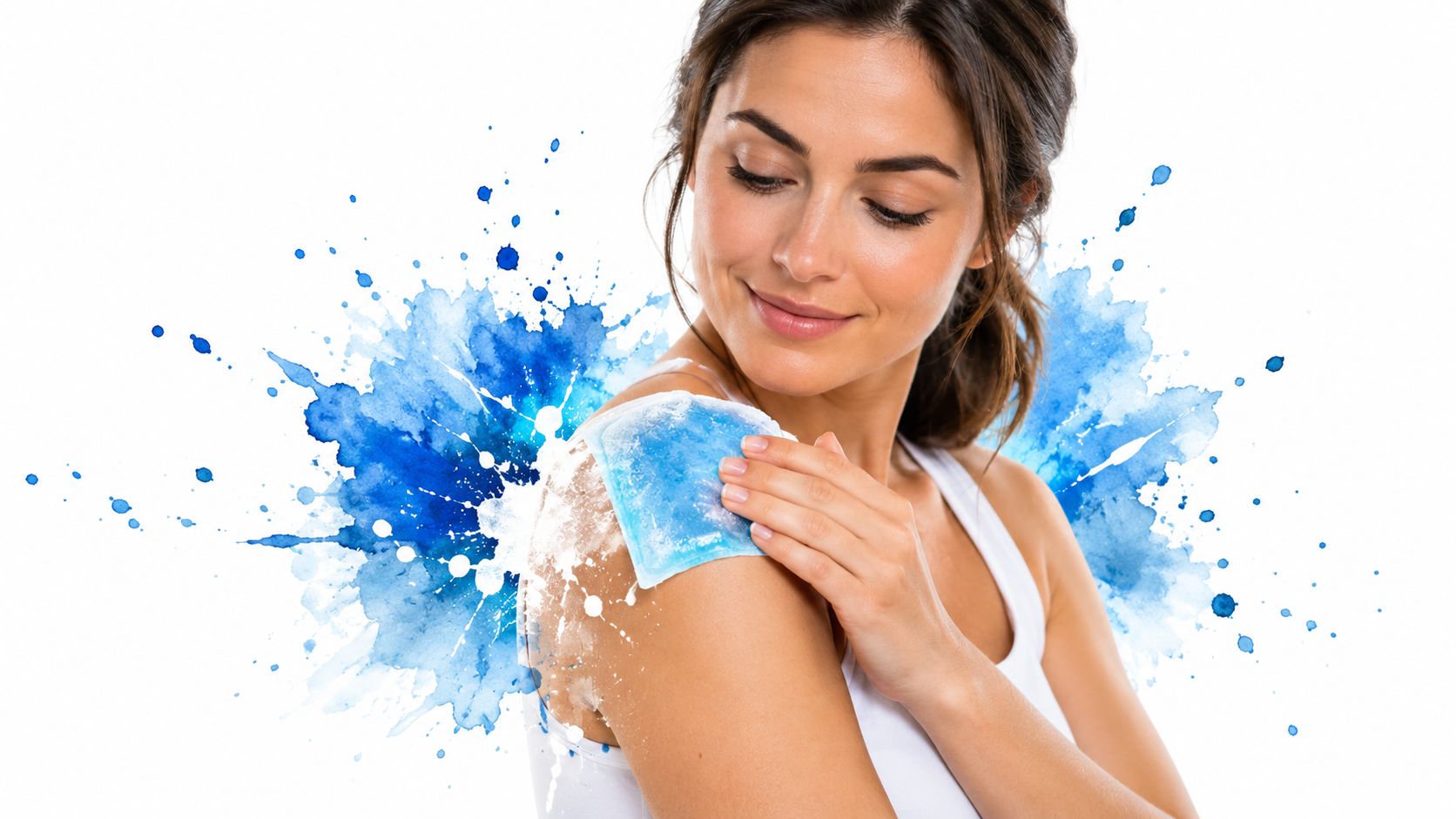 A woman smiling while applying a soothing ice cold patch to her shoulder to relieve pain.