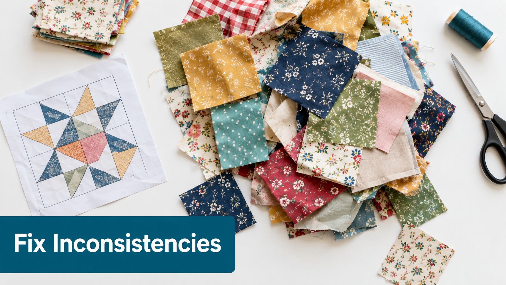 Fabric squares and a quilt design template arranged on a table with scissors and thread.