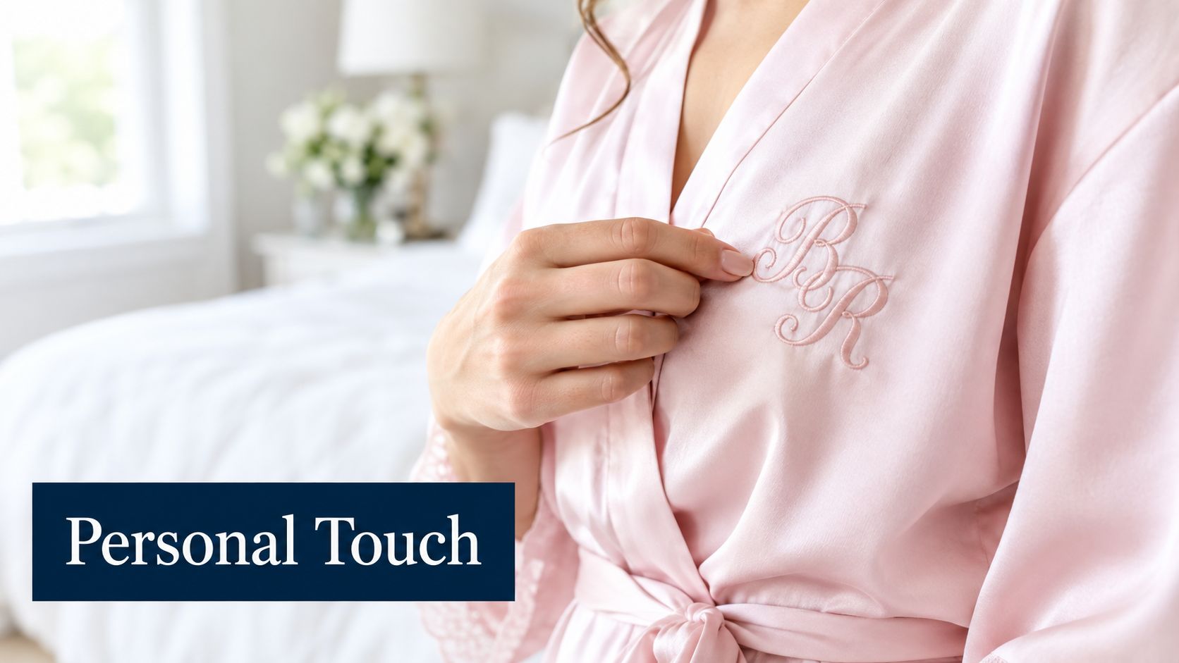 A woman wearing a pale pink personalized bridal robe with elegant embroidered initials on the chest.