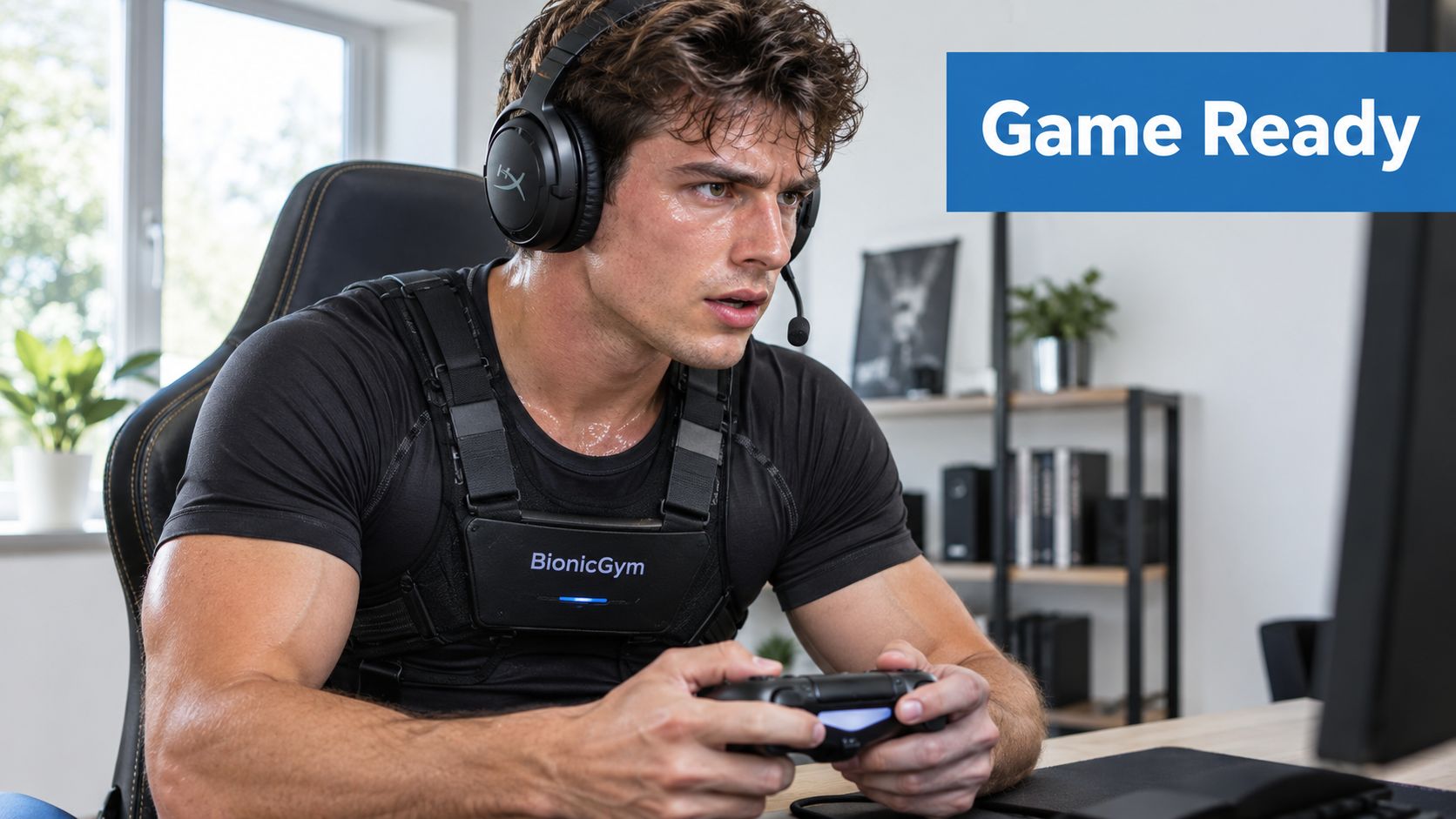 A fit man wearing a workout vest and gaming headset while playing video games at his desk.