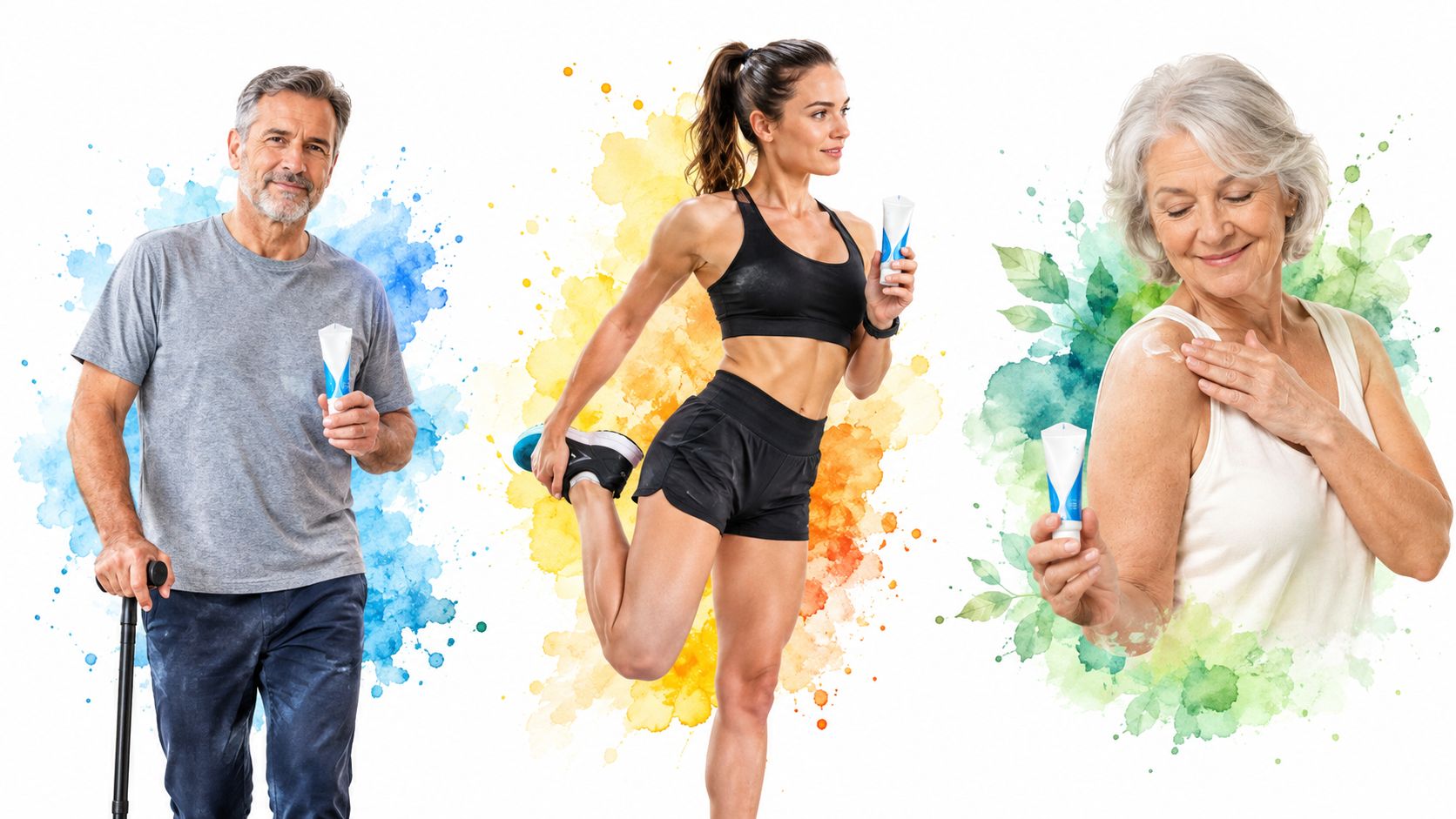 A collage showing three people of different ages using muscular pain relief cream to manage physical discomfort.