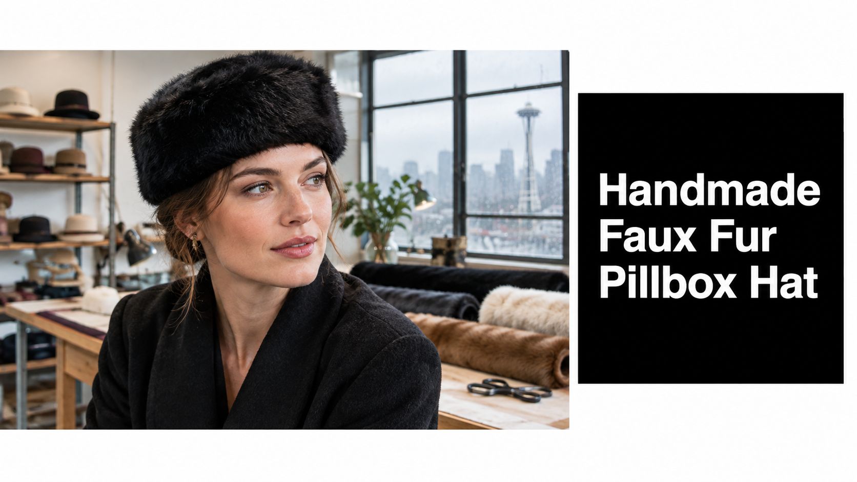 A woman wearing a stylish handmade black faux fur pillbox hat in a workshop setting.