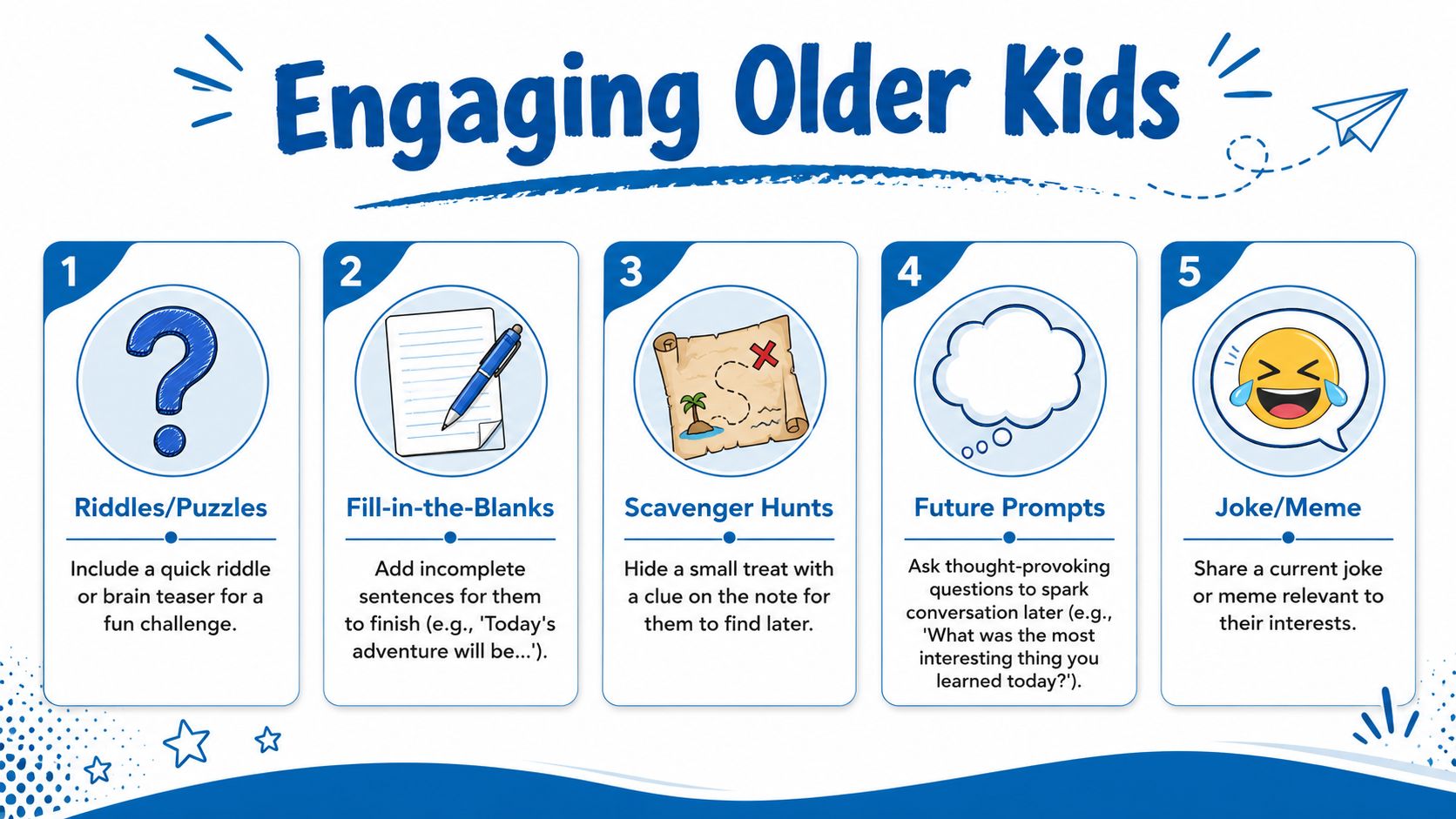 An infographic titled Engaging Older Kids featuring five numbered tips for writing fun lunch box notes.