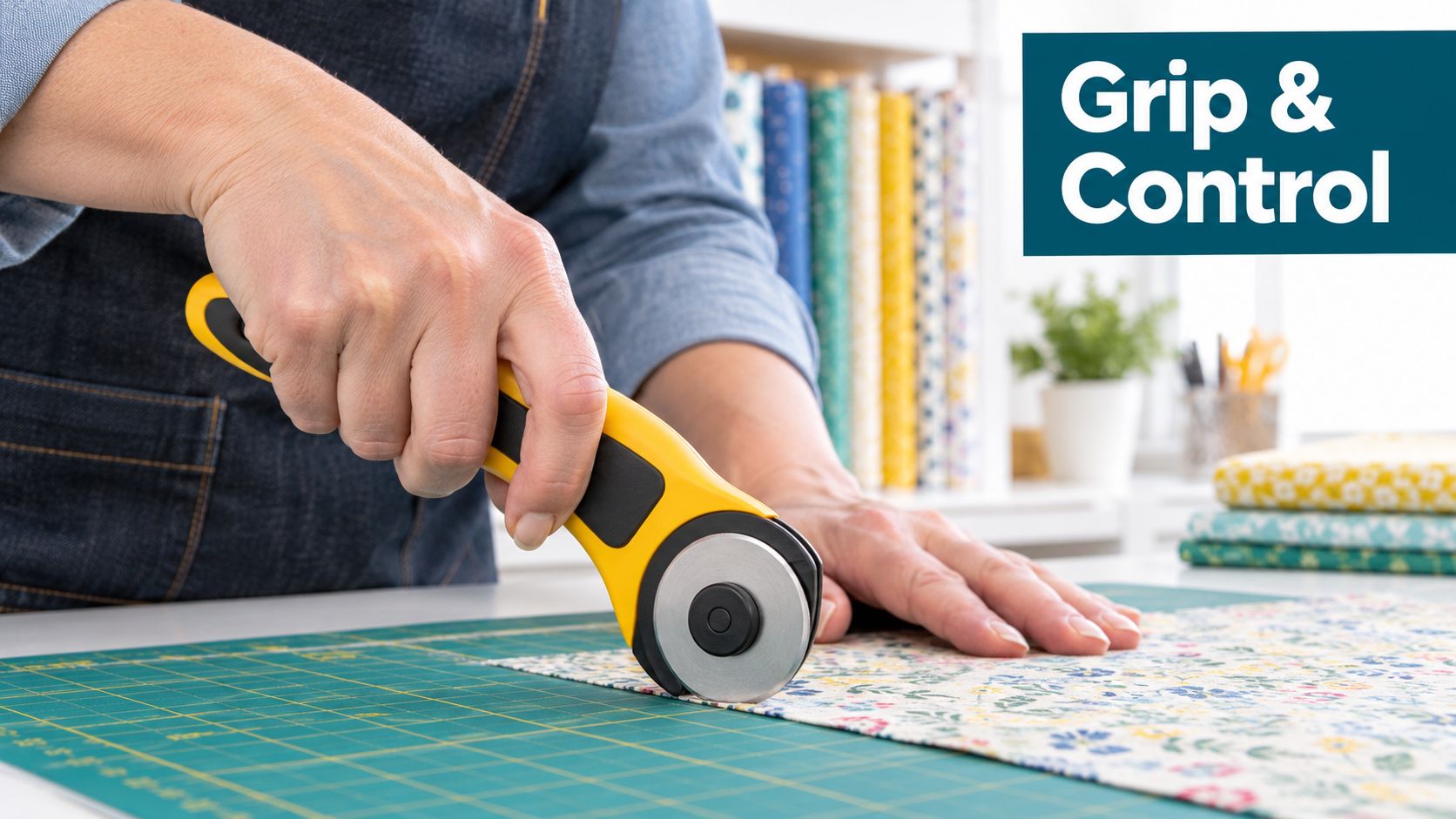 A crafter uses a yellow rotary cutter to precisely trim floral fabric on a green cutting mat.