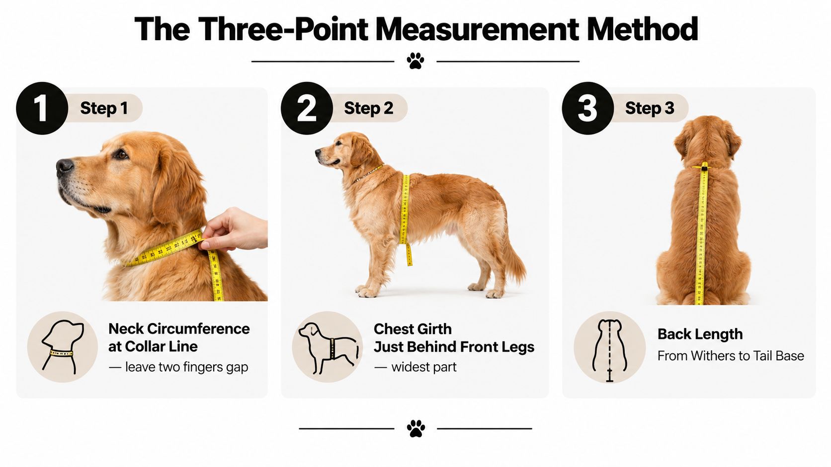 An instructional graphic demonstrating the three-point measurement method for fitting dog apparel and accessories correctly.
