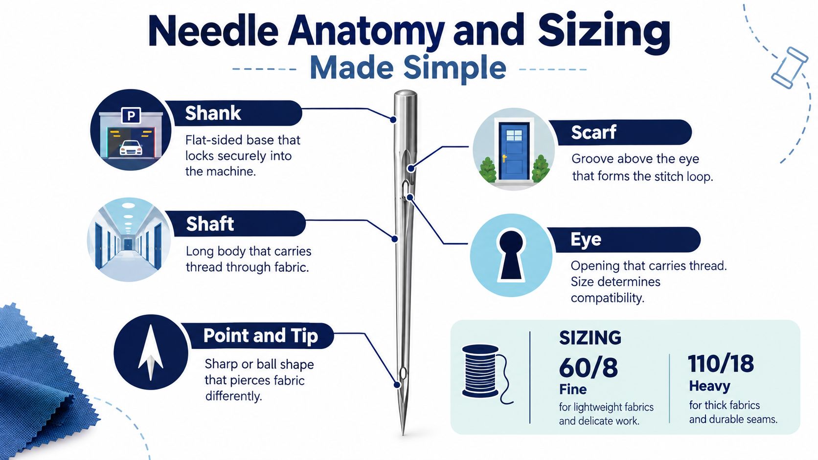 An infographic showing a detailed diagram of sewing machine needle anatomy, including labeling parts and sizing guides.