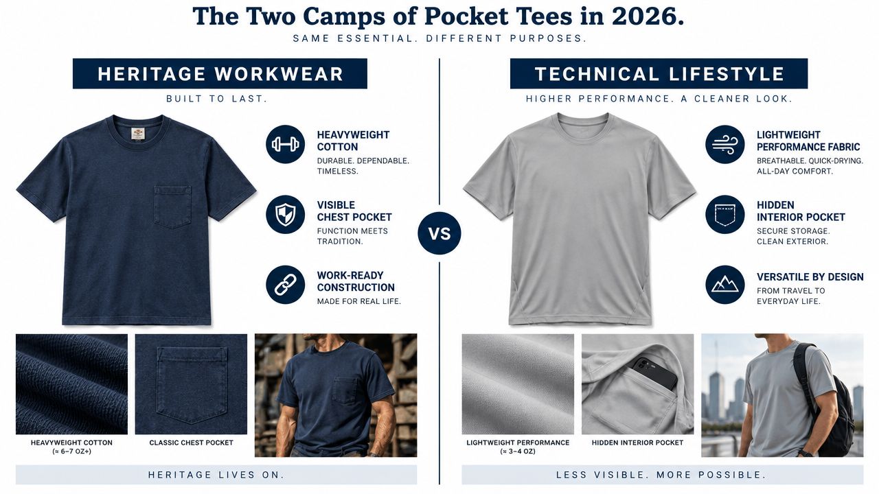 A comparison chart showing Heritage Workwear cotton pocket tees versus Technical Lifestyle shirts with hidden interior pockets.