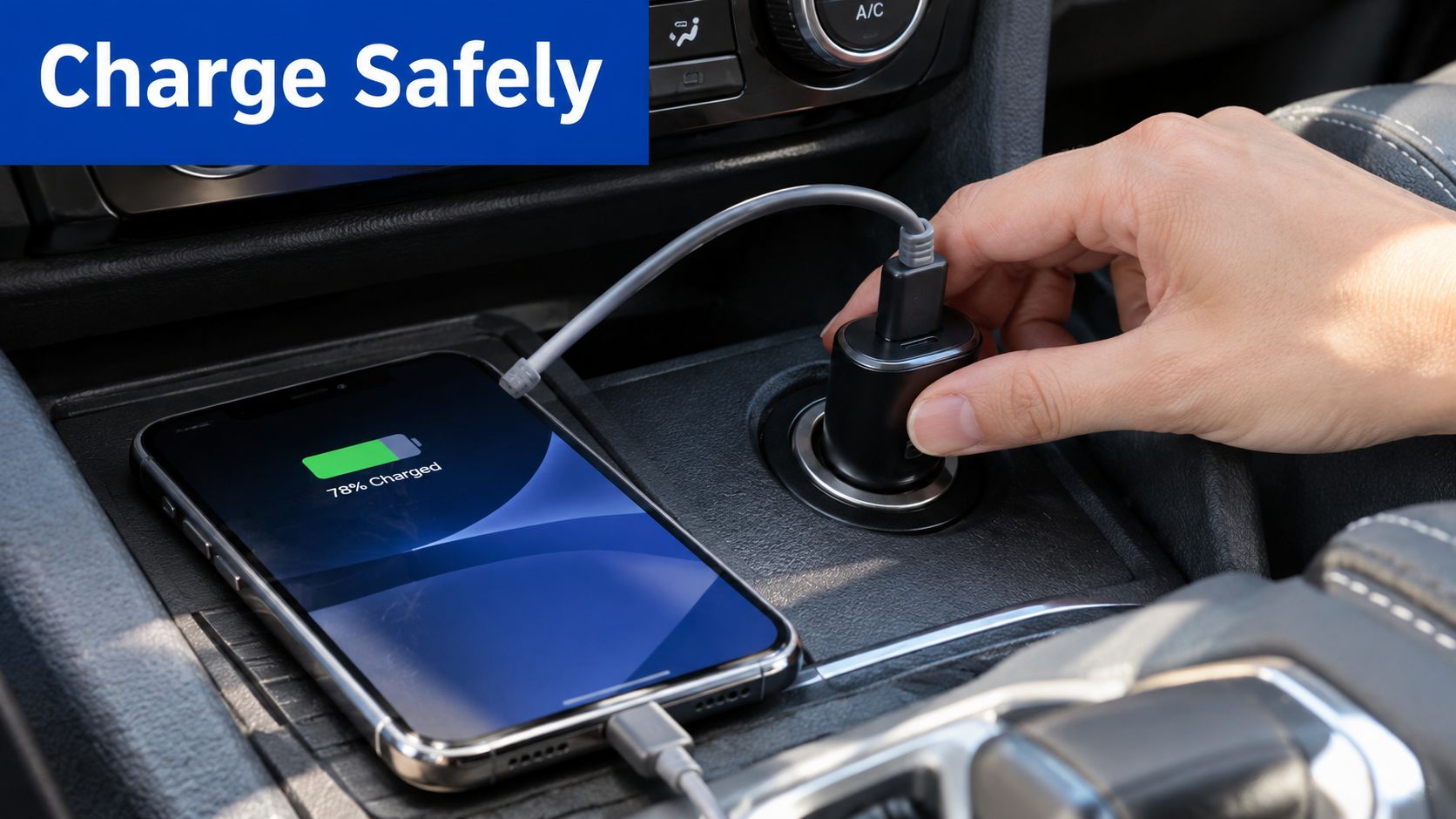 A person plugging a black car charger adapter into a vehicle socket to charge a smartphone.