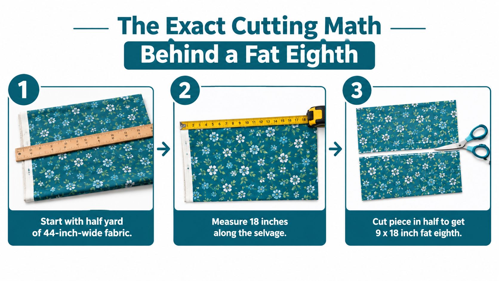 A diagram demonstrating the three-step process for cutting a fat eighth piece from yardage fabric.