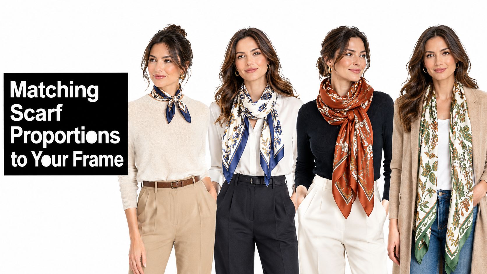 A woman wearing four different styles of scarves with various outfits to demonstrate matching proportions to frames.