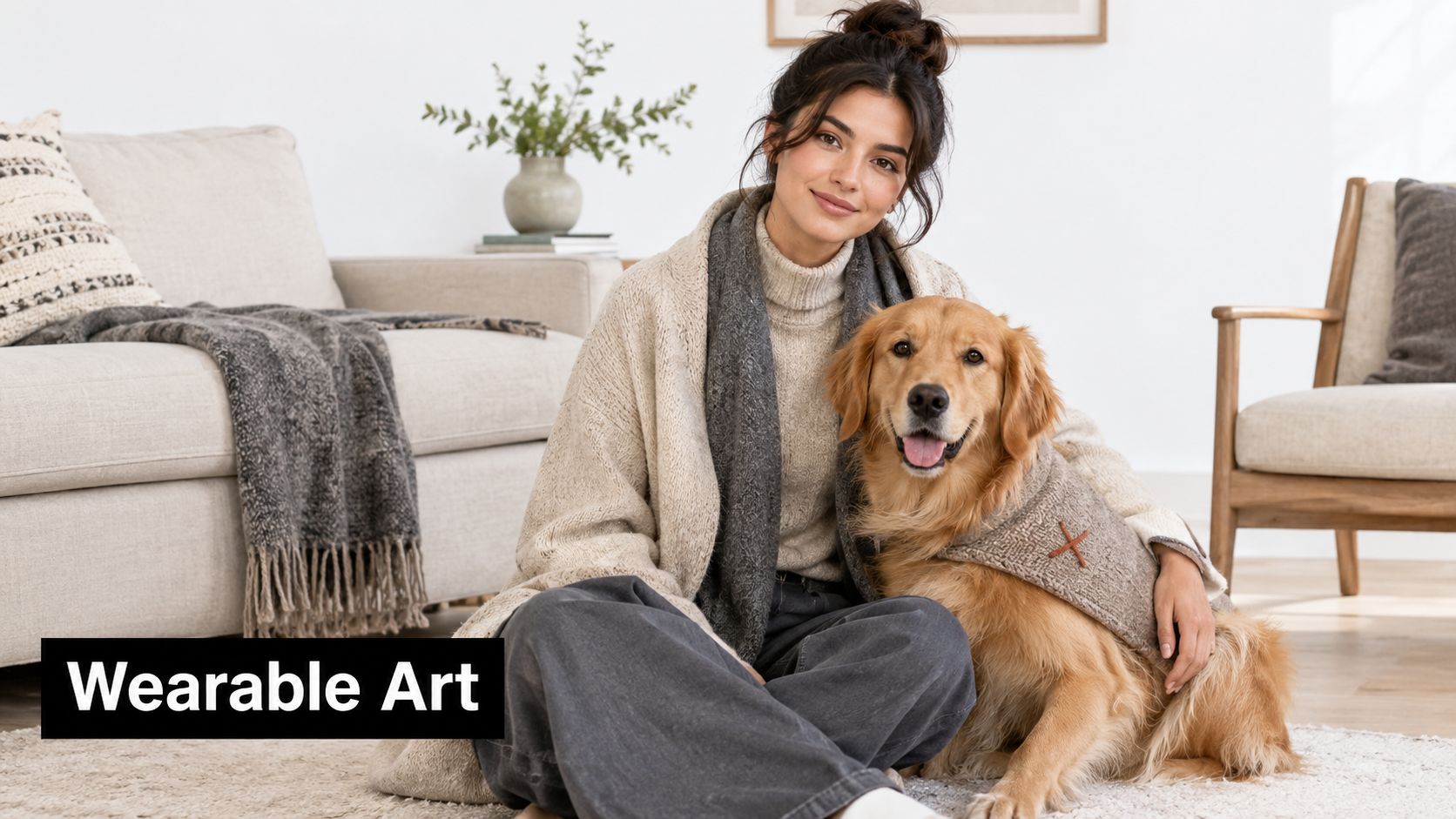 A smiling woman sitting on a rug with her Golden Retriever wearing a matching knit sweater.