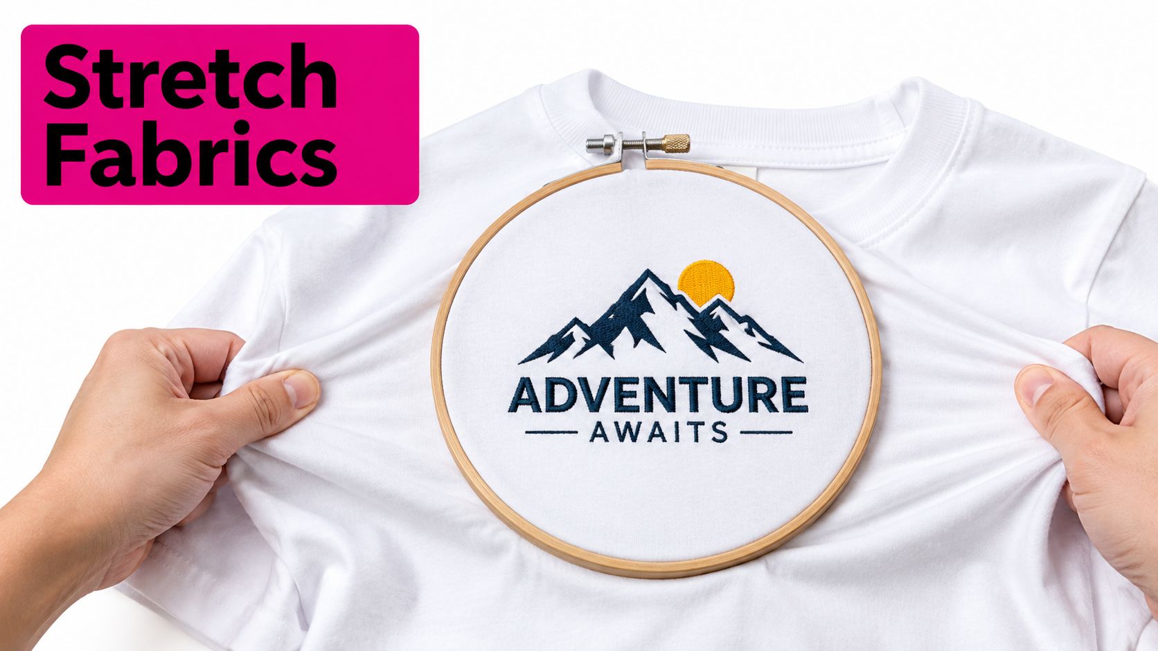 A pair of hands stretching a white fabric t-shirt held tightly within a round wooden embroidery hoop.