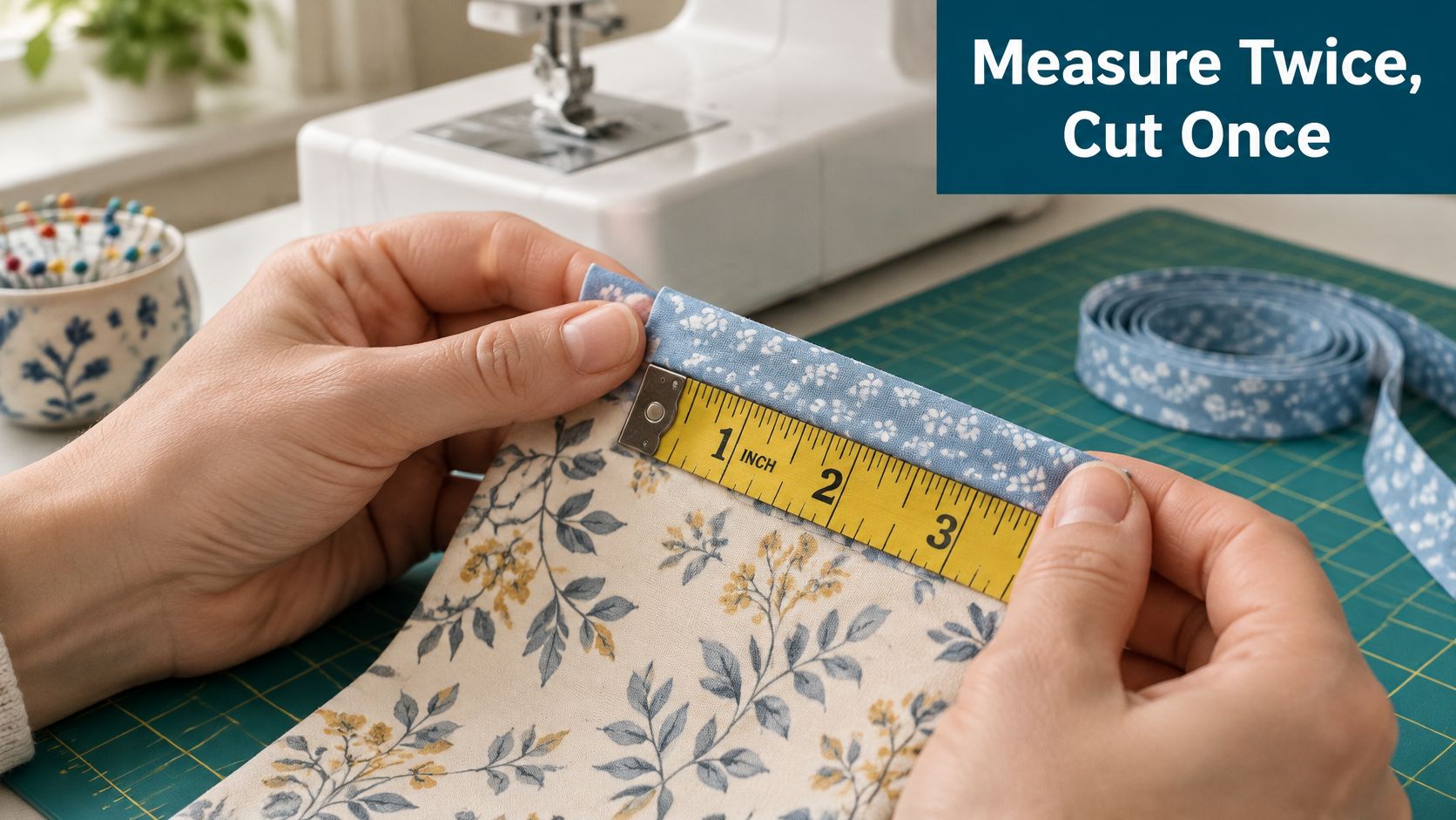 A person measuring a piece of floral fabric with a yellow tape measure while sewing at home.