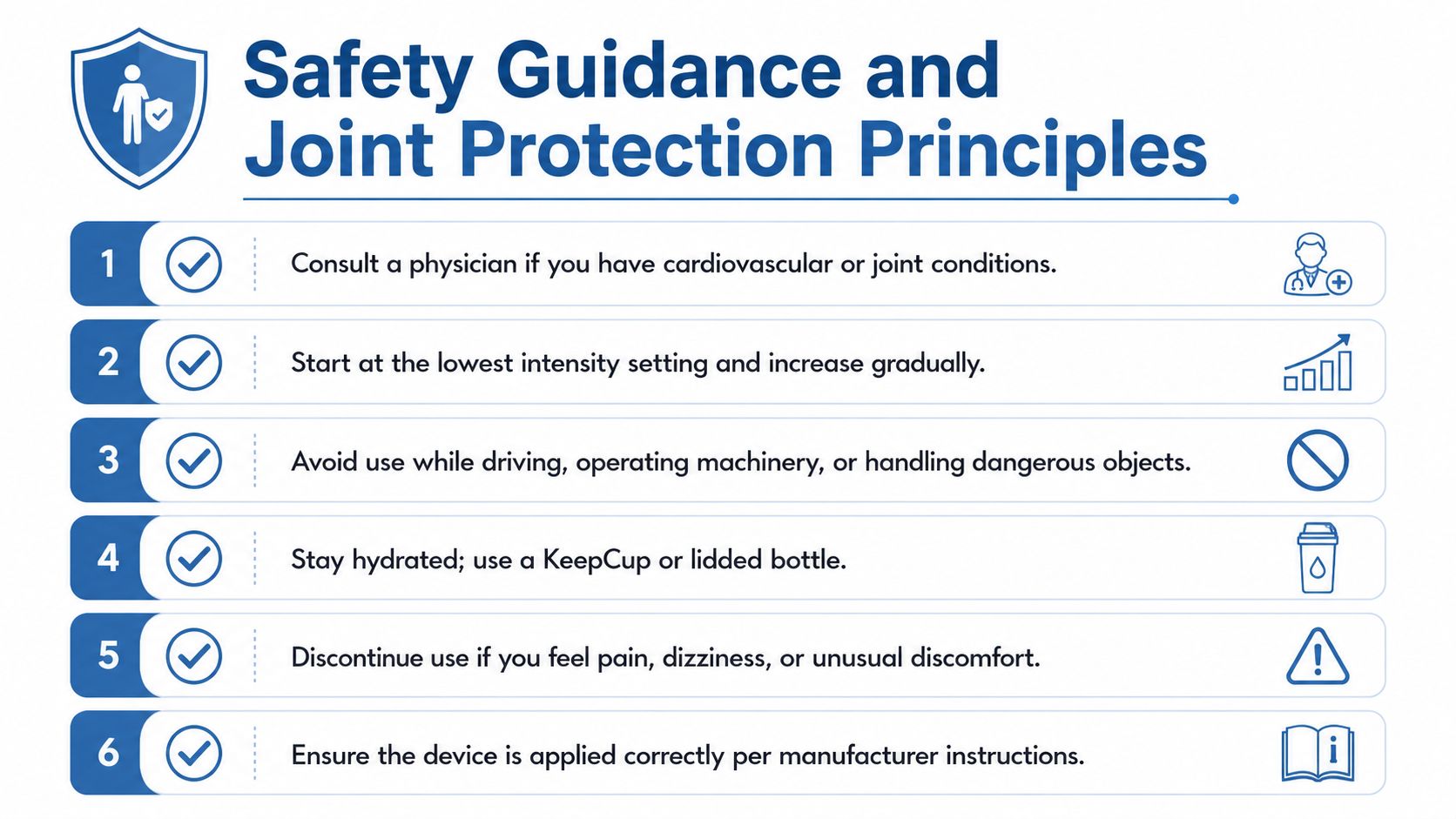 A safety guidance infographic with six numbered points for safe device use and joint protection.