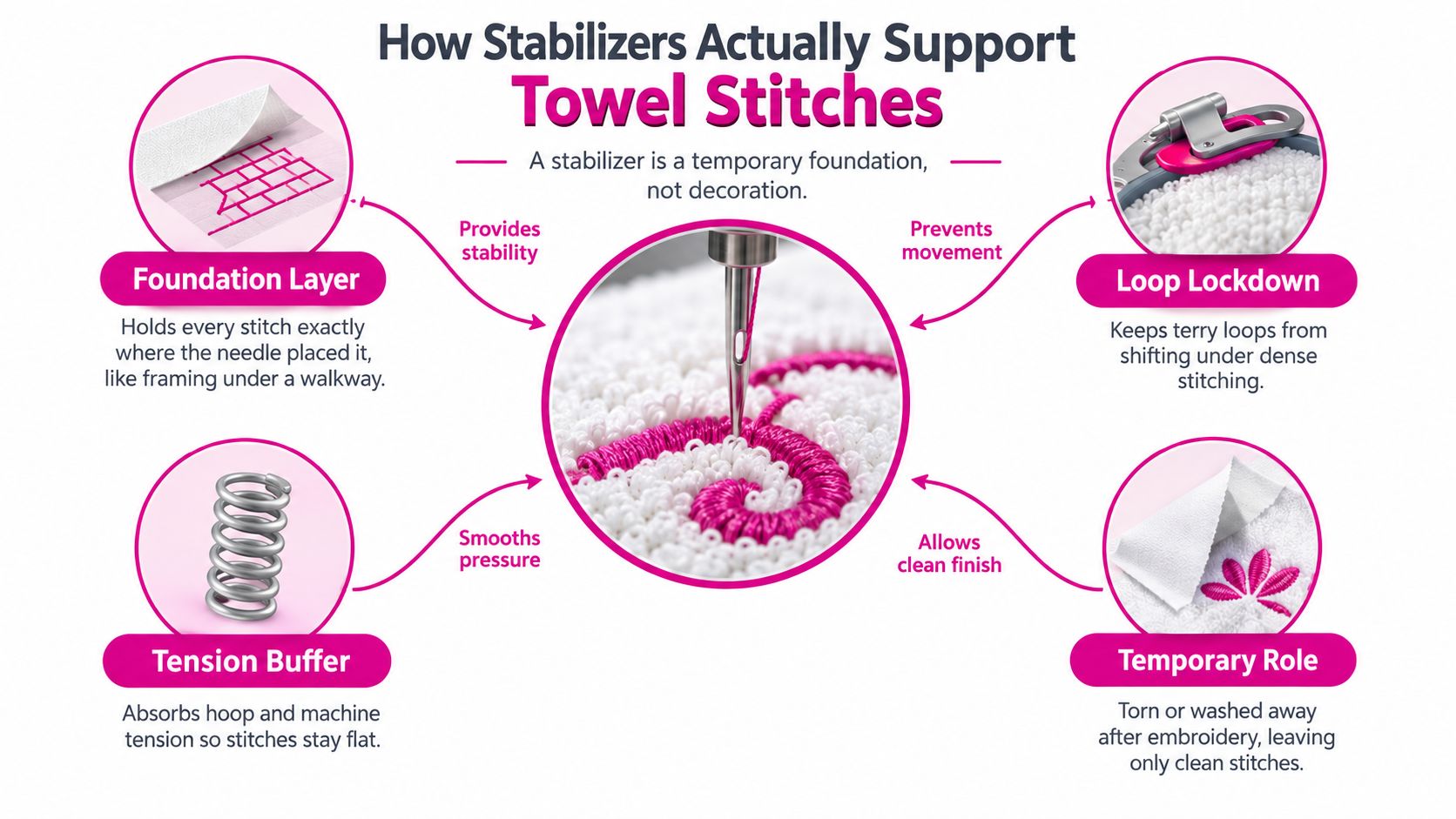 A diagram explaining how embroidery stabilizers support stitches on towels to ensure clean, precise designs.
