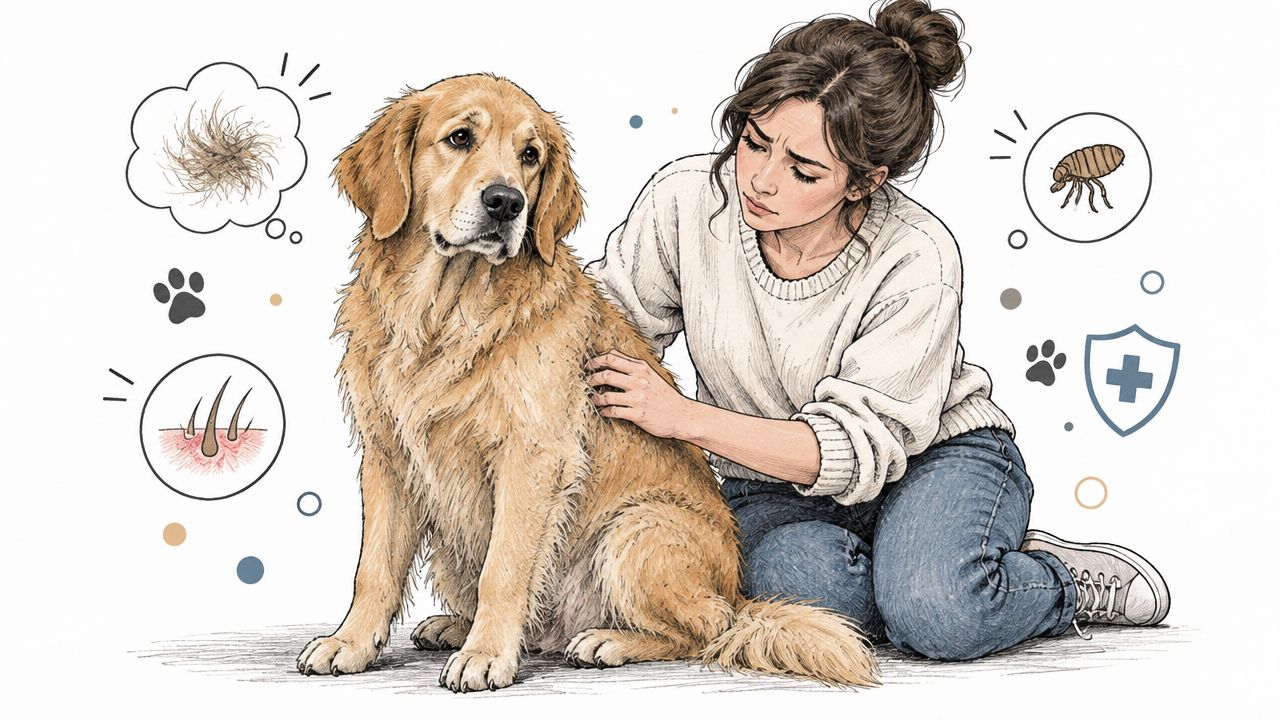 A concerned woman checking her golden retriever dog for potential skin irritation, hair loss, and parasite symptoms.