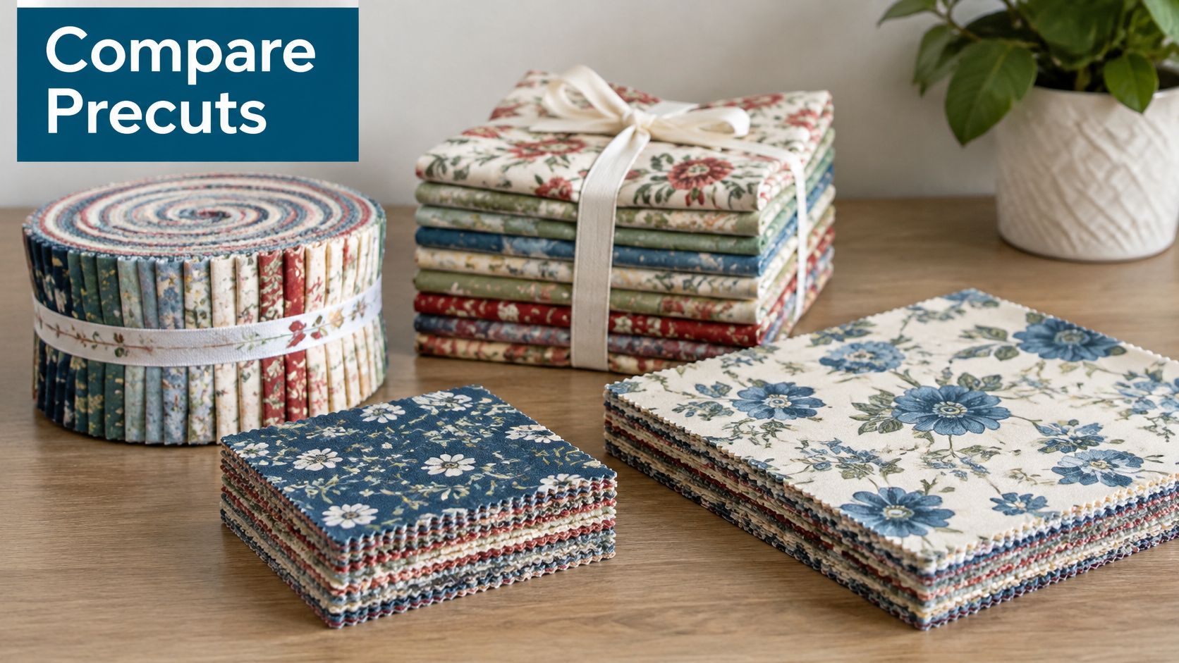 A display of various quilting precut fabrics including a jelly roll, a fat quarter bundle, and layer cakes.