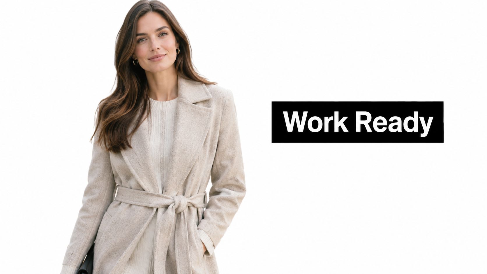 A professional woman wearing a stylish beige winter wrap coat against a plain white background.
