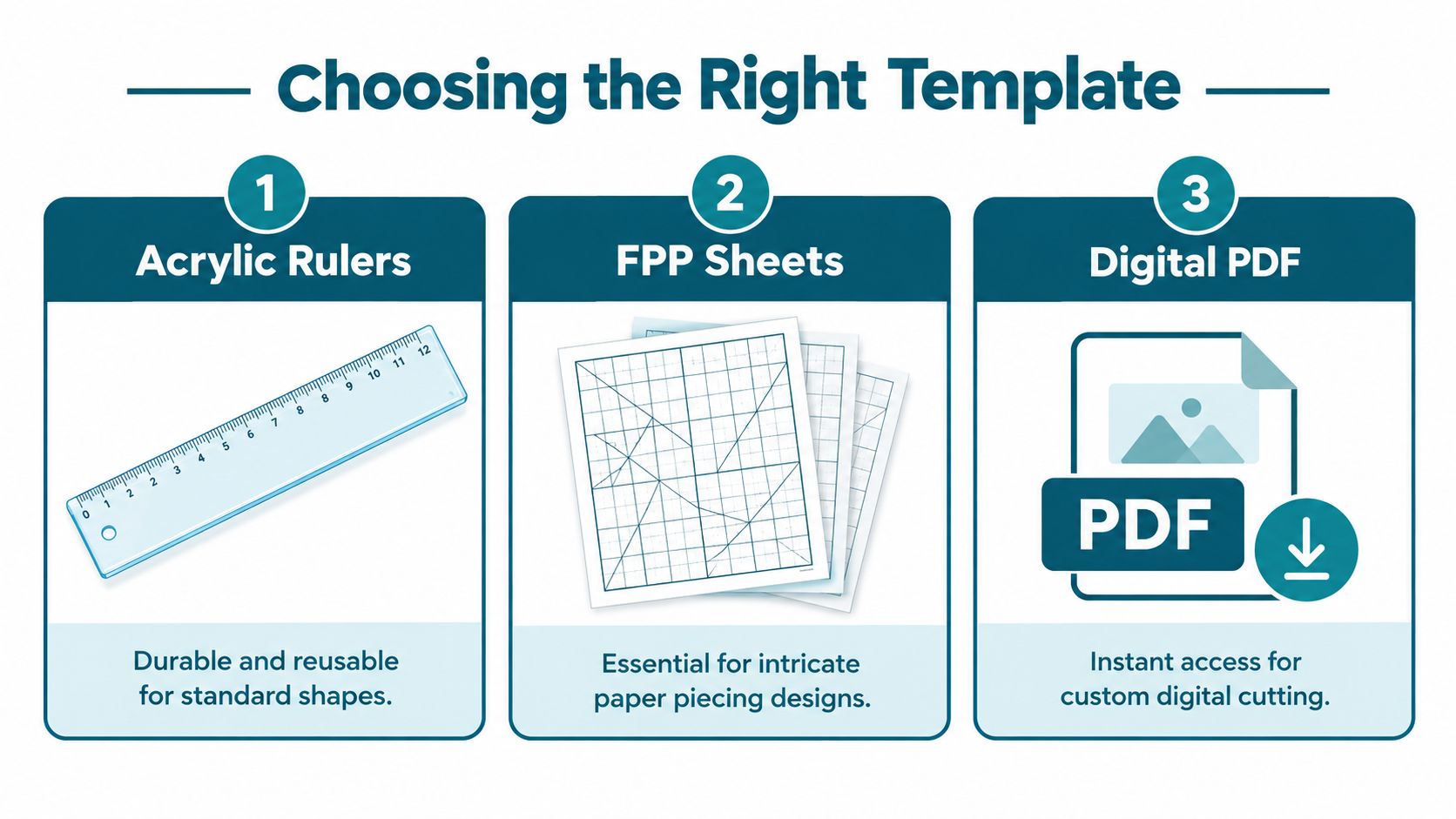 A graphic illustration comparing three template types: acrylic rulers, FPP sheets, and digital PDF downloads.