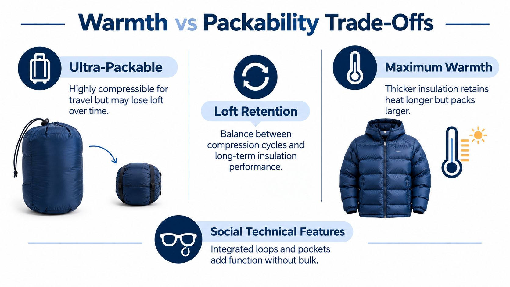 An infographic illustrating the trade-offs between packability, loft retention, and warmth for winter jackets.