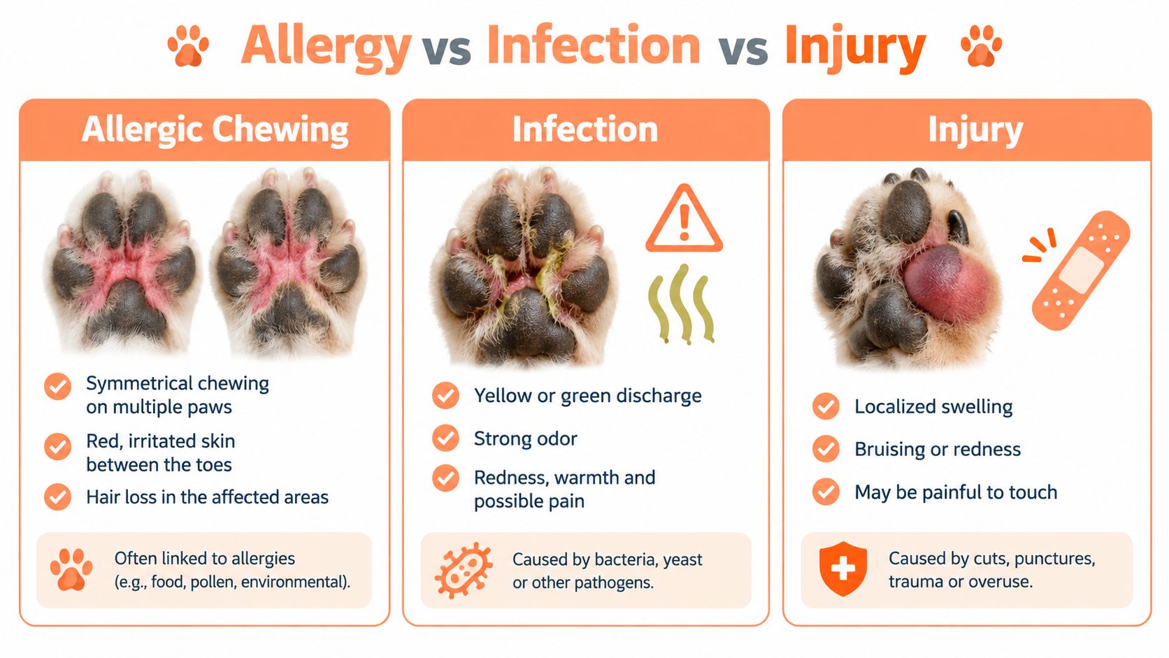 An infographic comparing dog paw symptoms caused by allergies, infections, and injuries to help owners identify issues.