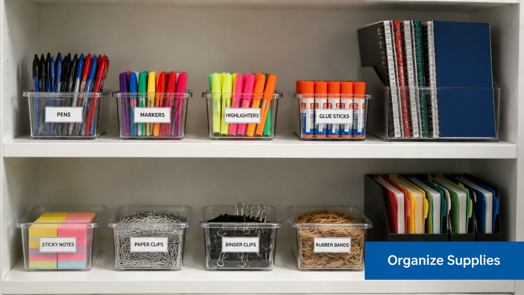 A well-organized office shelf with labeled clear bins containing pens, markers, notebooks, and various stationery supplies.
