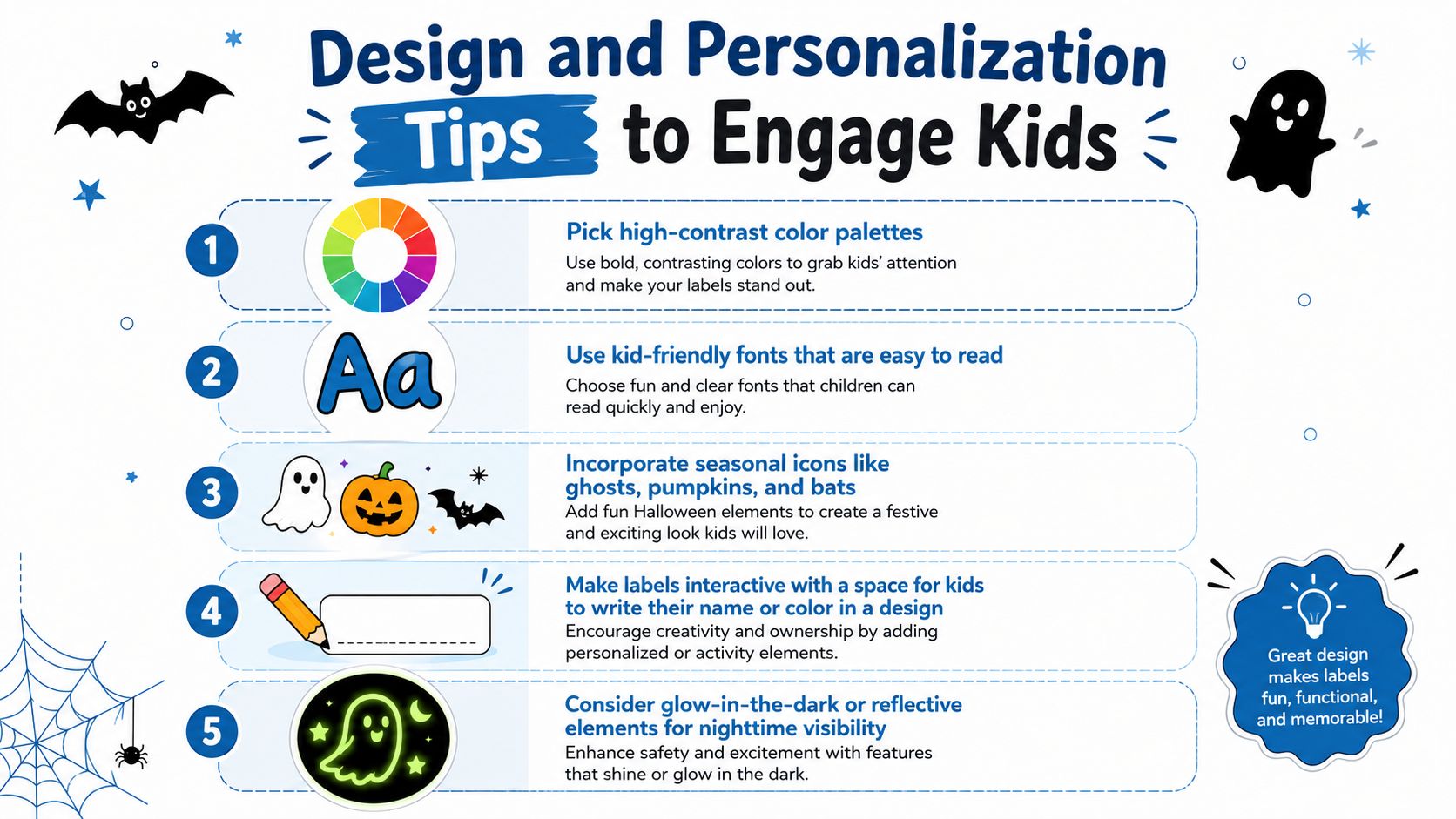 An infographic titled Design and Personalization Tips to Engage Kids featuring five Halloween-themed design advice points.