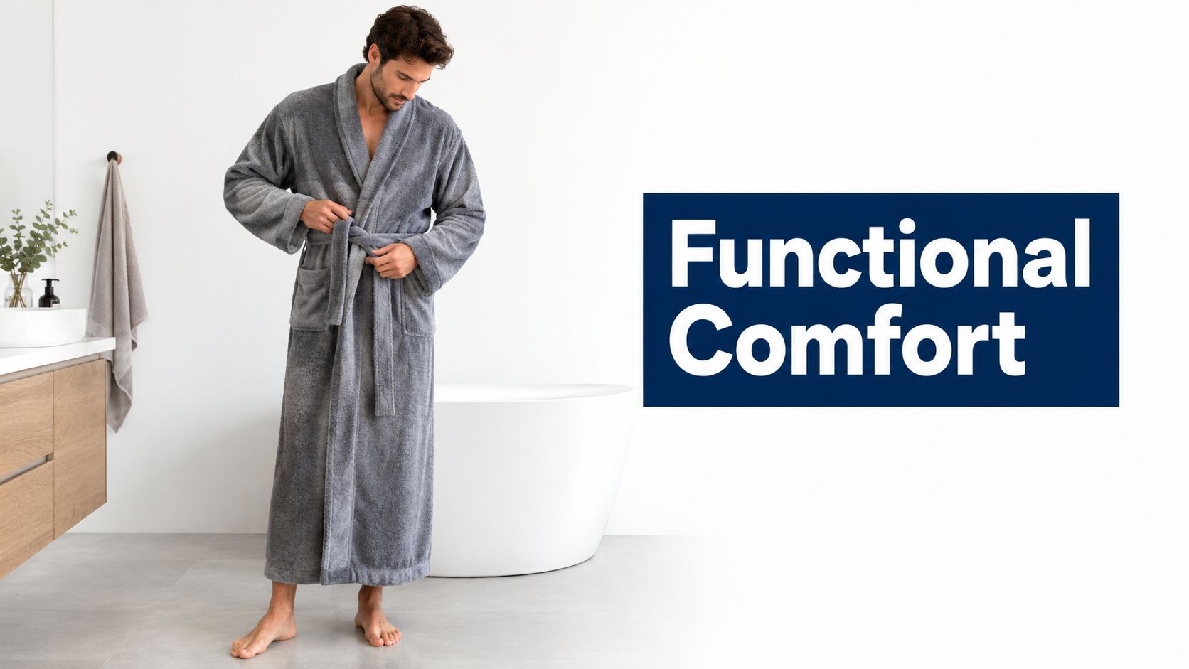 A man wearing a comfortable gray terry cloth bathrobe standing in a bright modern bathroom.
