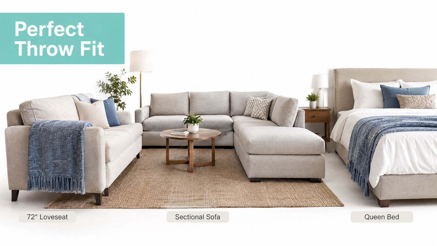 A room setting displaying a throw blanket on a loveseat, a sectional sofa, and a queen bed.