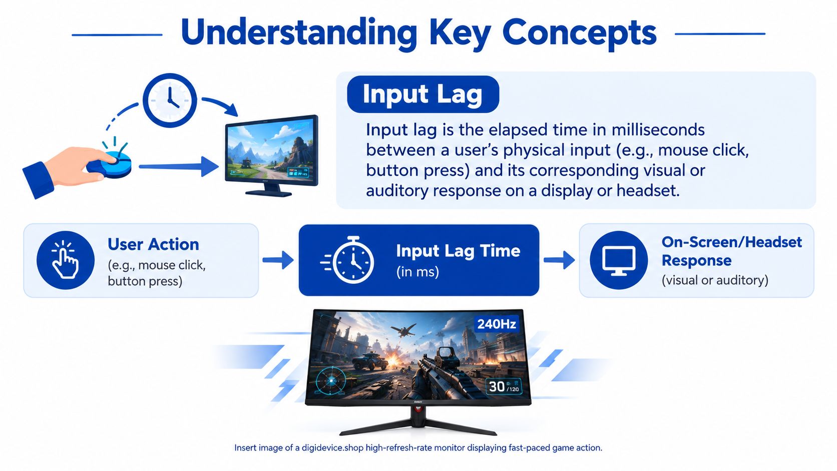 A diagram explaining input lag as the time between a physical user action and a visual response.