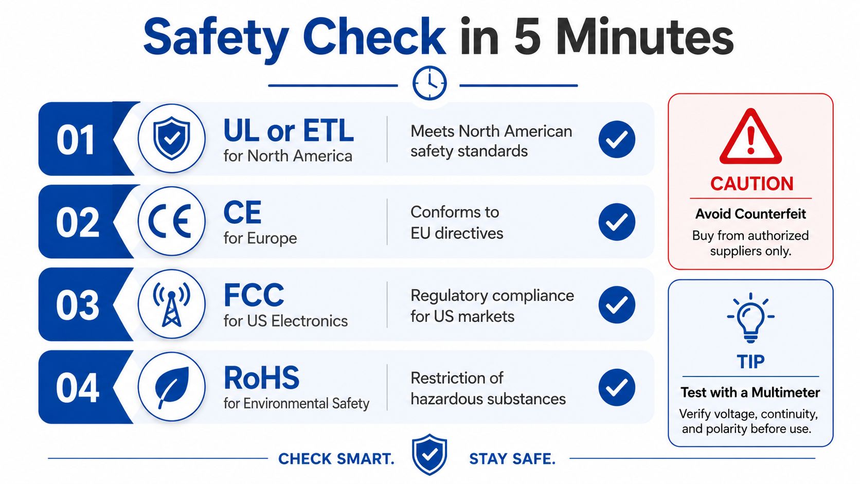 An infographic titled Safety Check in 5 Minutes explaining important product safety certifications and testing tips.